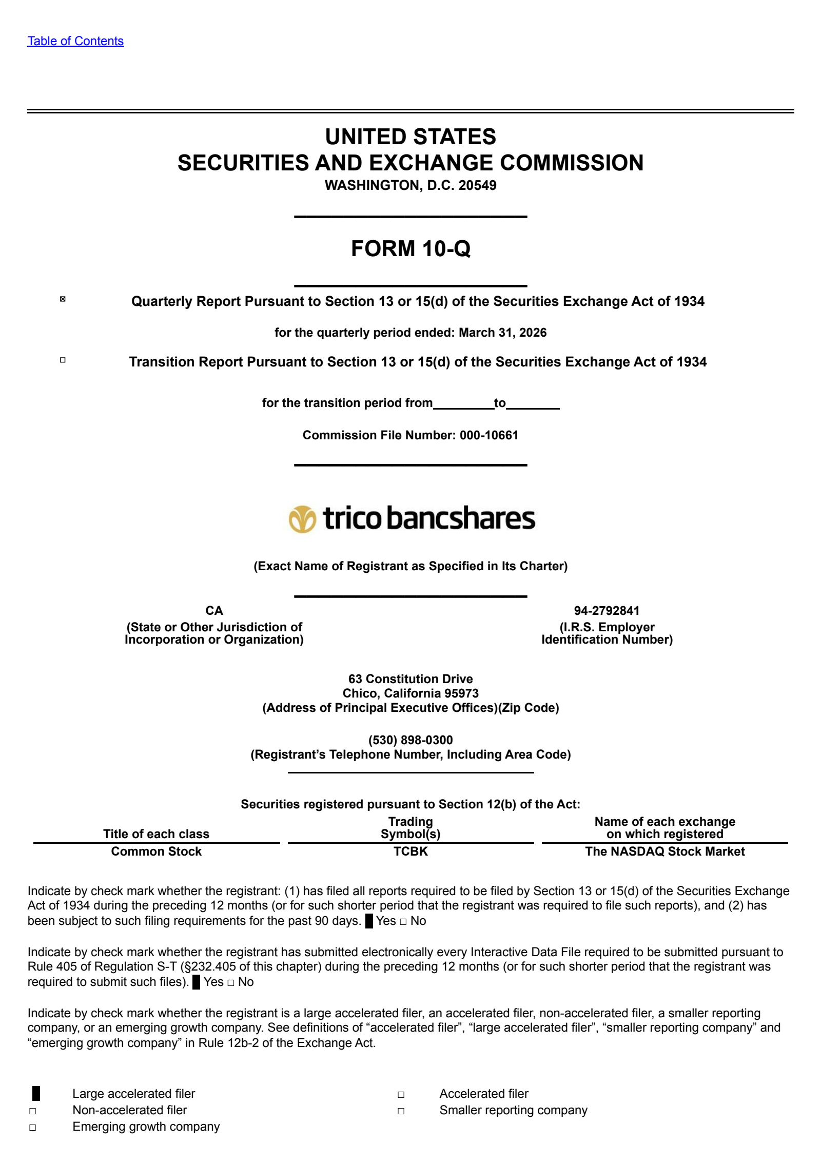 TriCo Bancshares' Q1 2026 Quarterly report