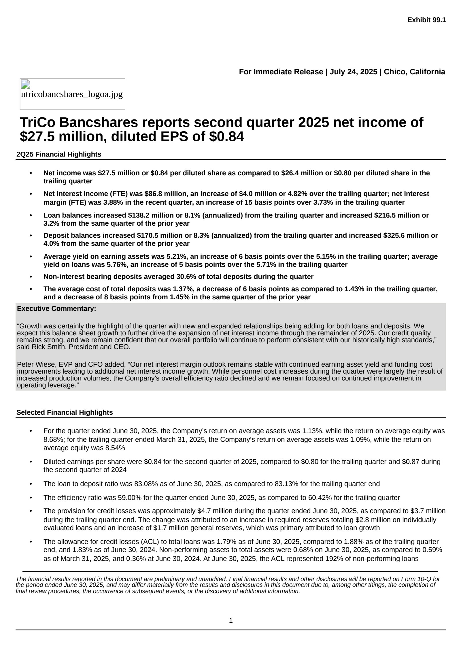 TriCo Bancshares' Q2 2025 Press Release