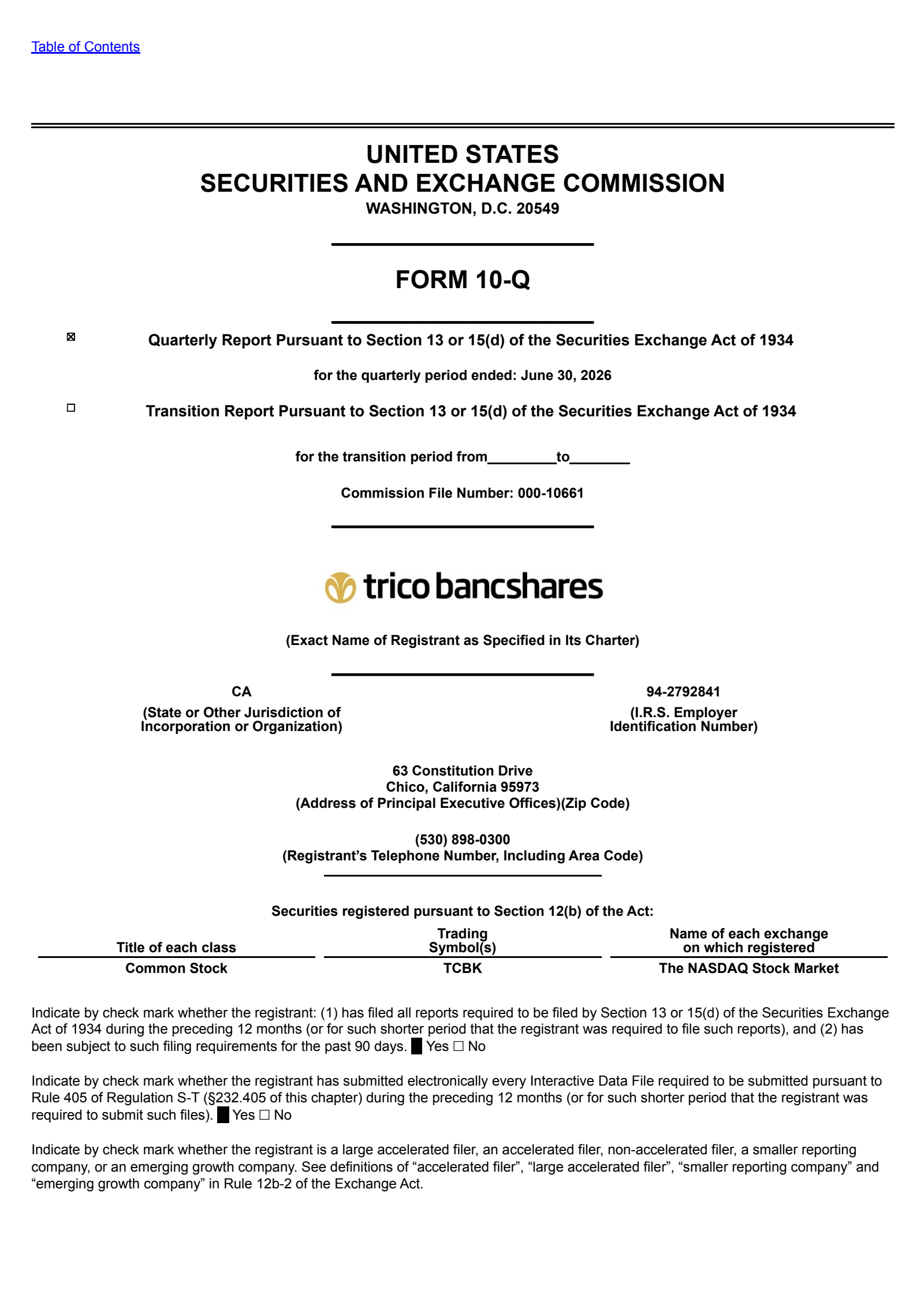 TriCo Bancshares' Q2 2026 Quarterly report