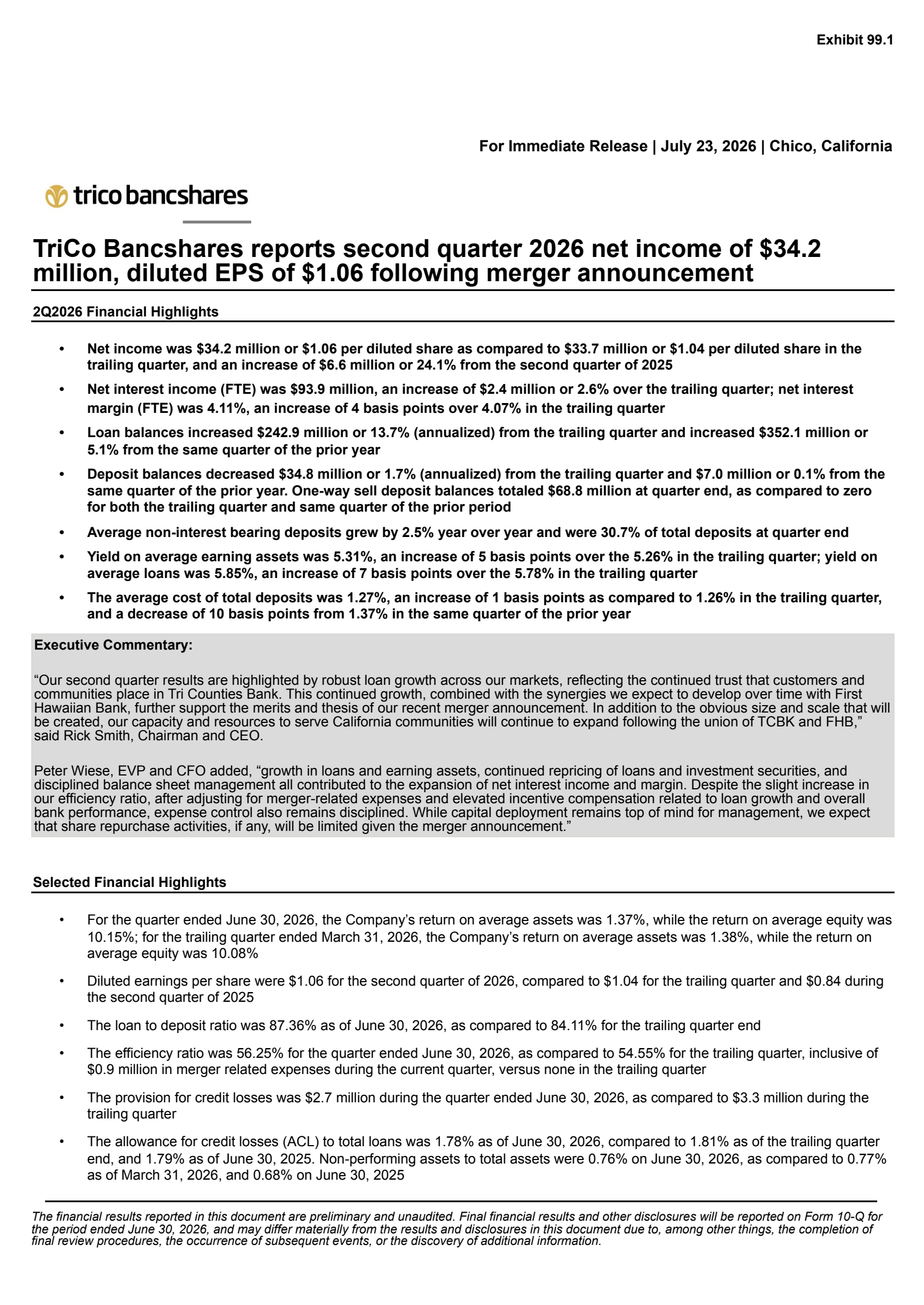 TriCo Bancshares' Q2 2026 Press Release