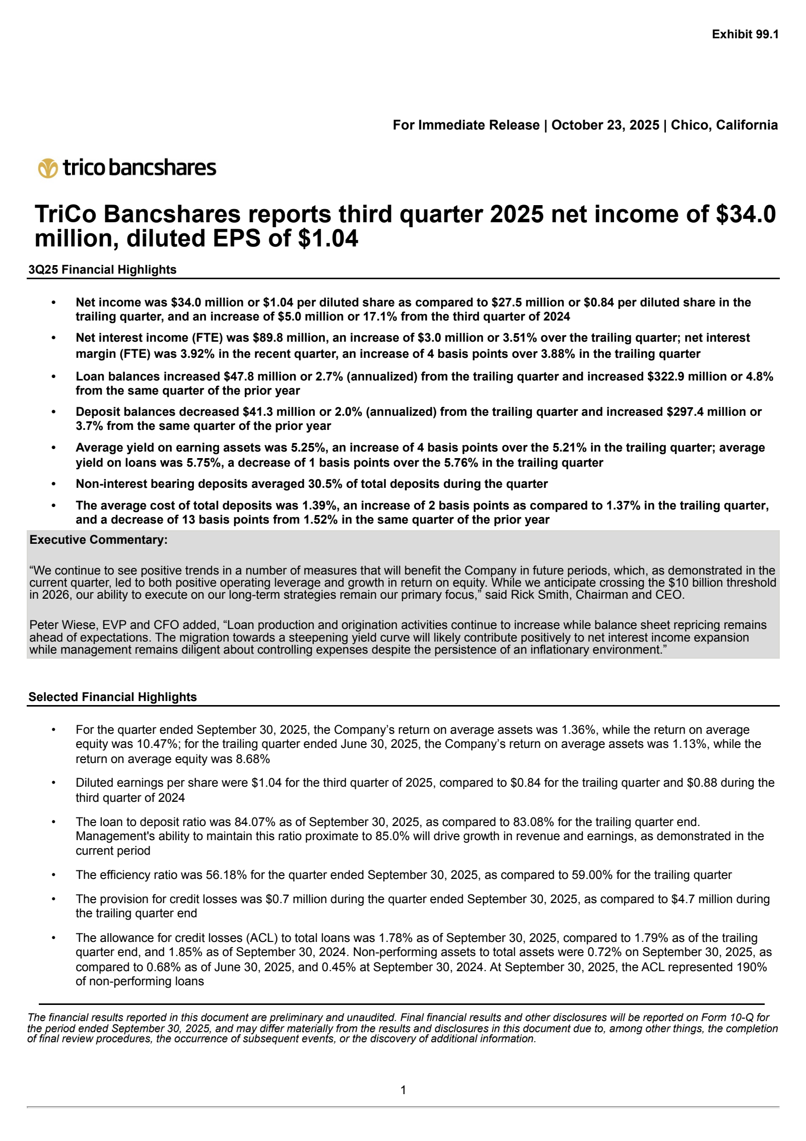 TriCo Bancshares' Q3 2025 Earnings Release