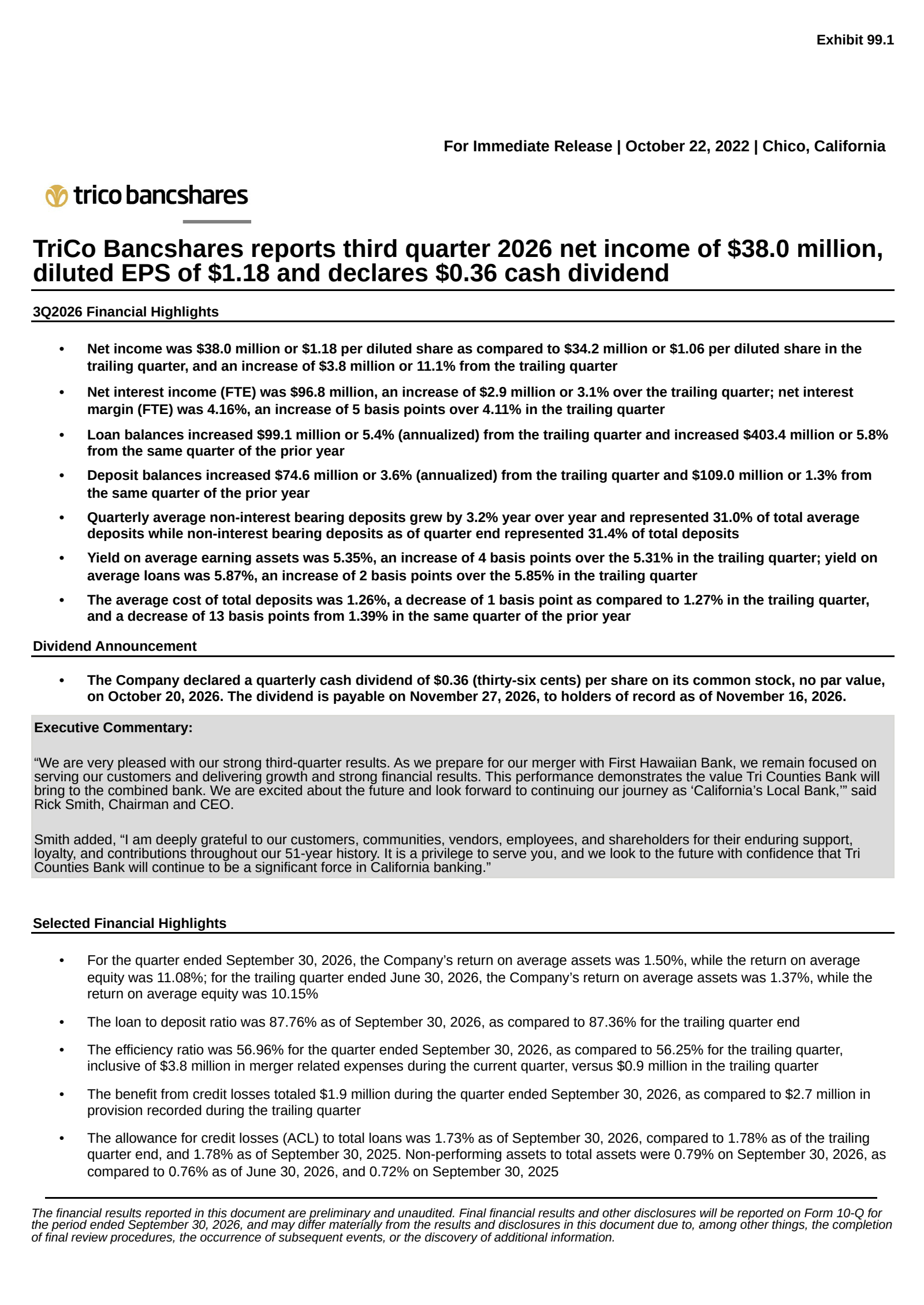 TriCo Bancshares' Q3 2026 Press Release