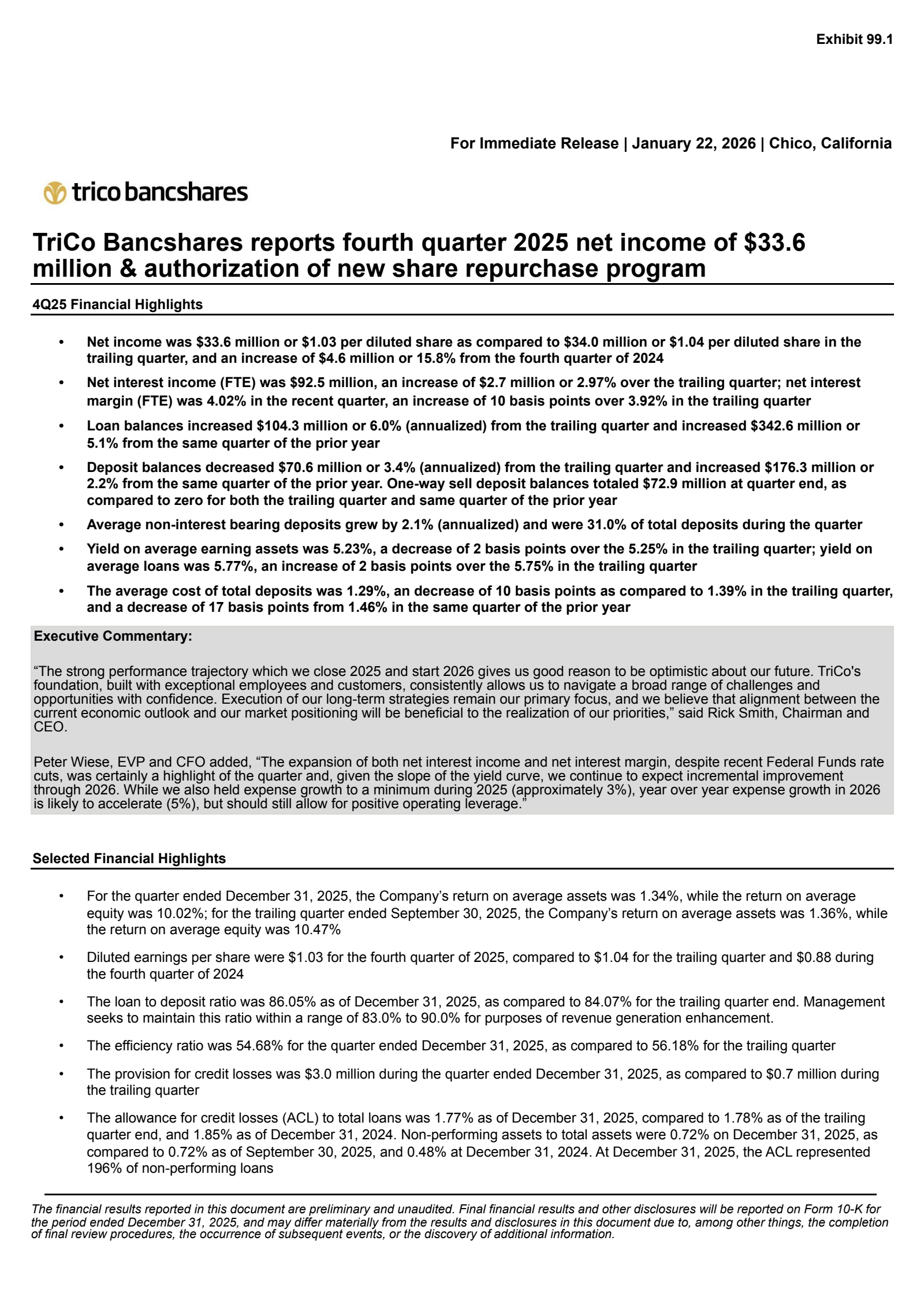 TriCo Bancshares' Q4 2025 Press Release
