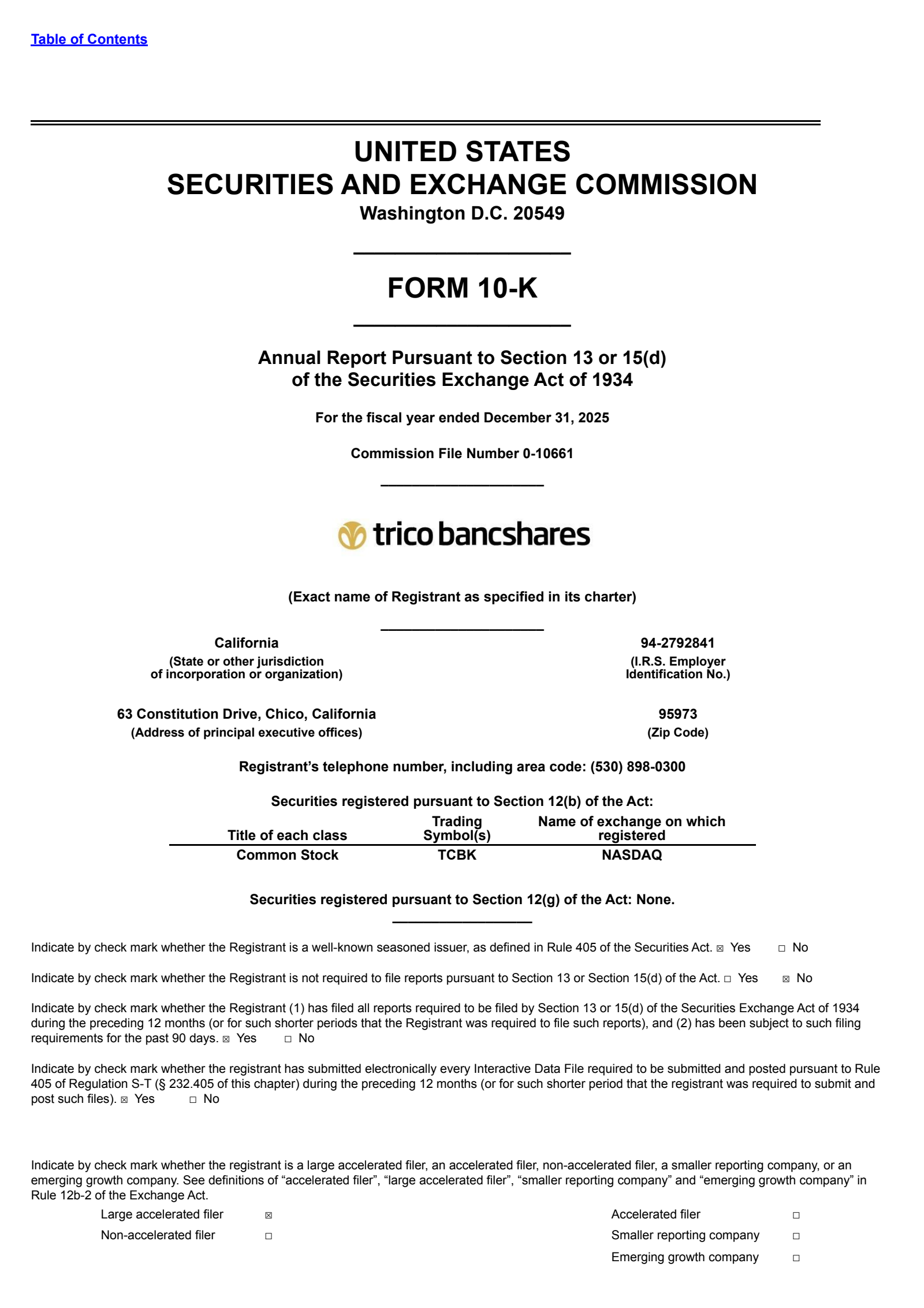TriCo Bancshares' Q4 2025 Annual report