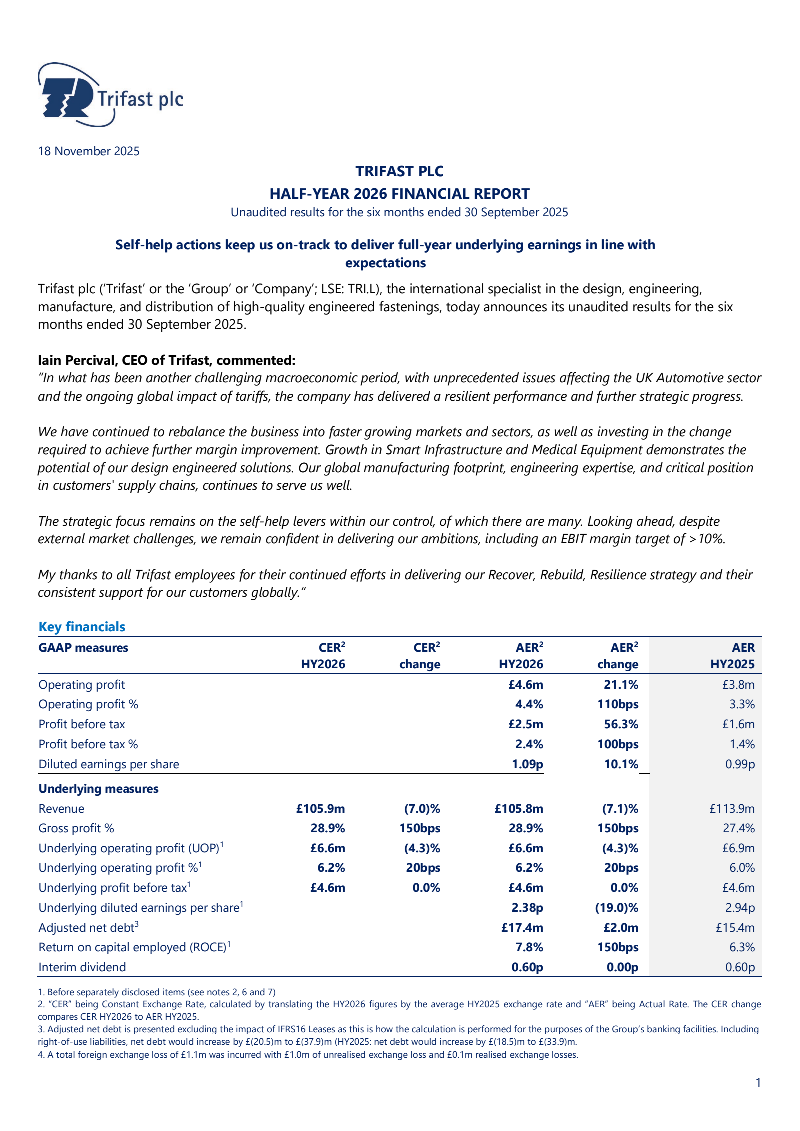Trifast's H1 2026 Interim Report