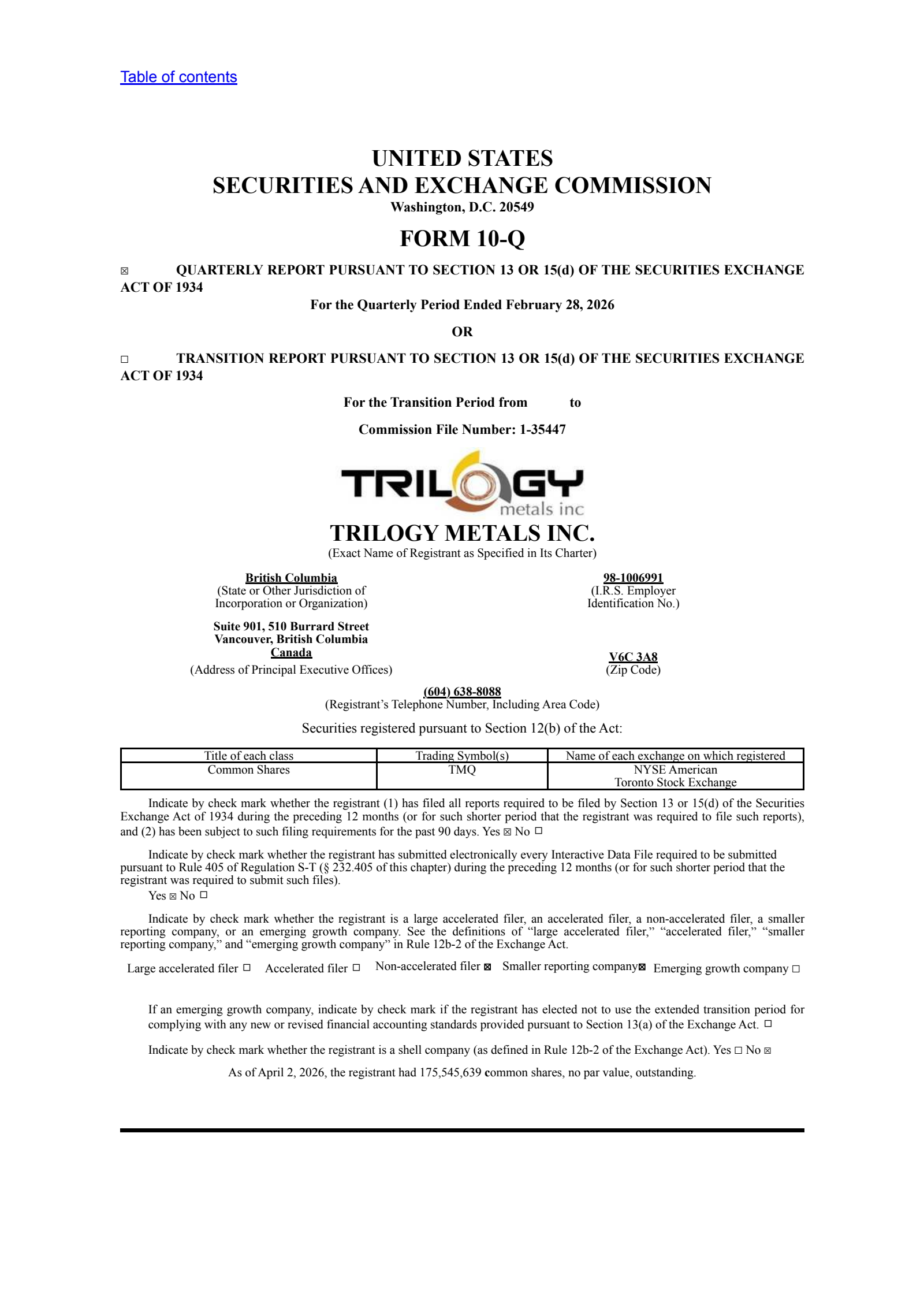 Trilogy Metals' Q1 2026 Quarterly report