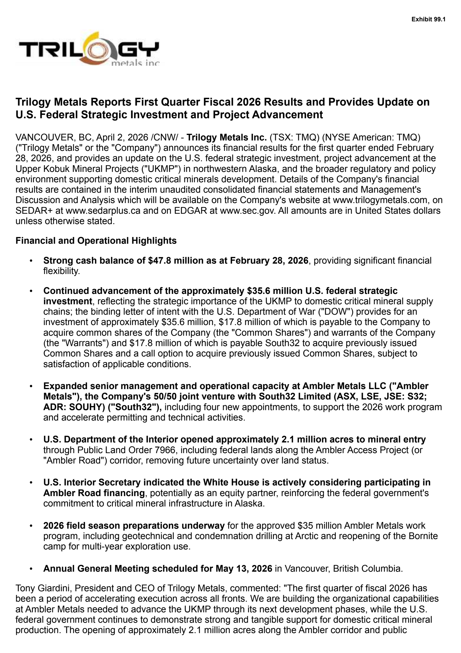 Trilogy Metals' Q1 2026 Press Release