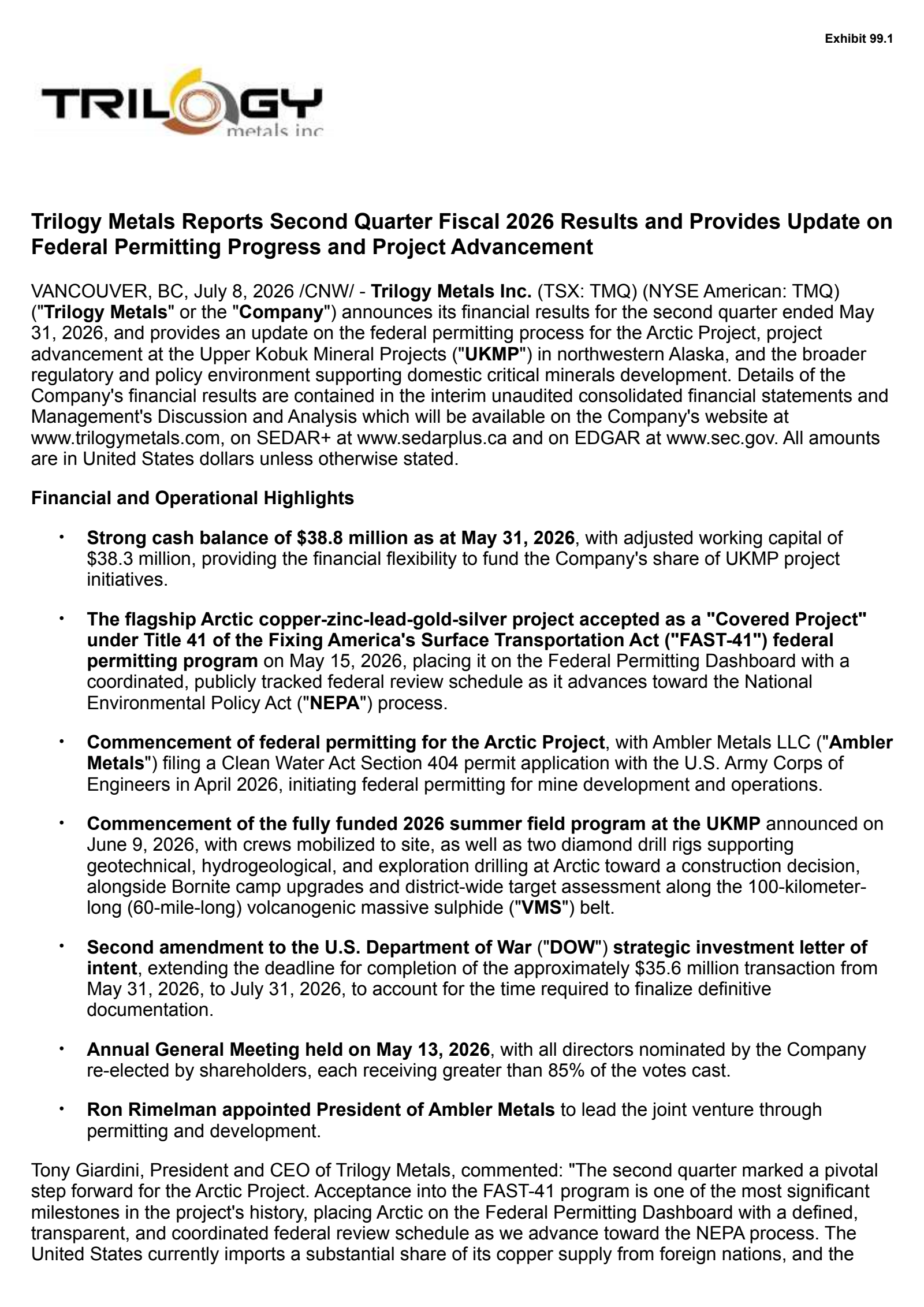 Trilogy Metals' Q2 2026 Press Release