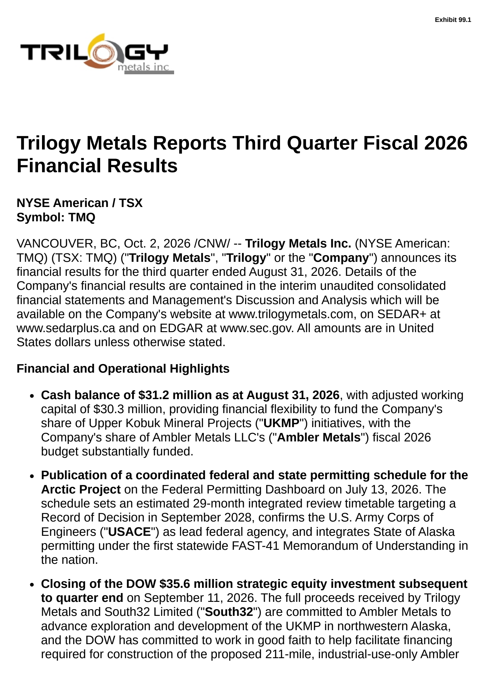 Trilogy Metals' Q3 2026 Press Release