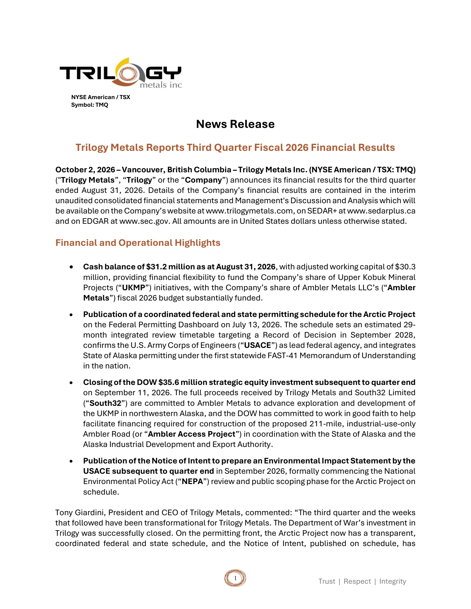 Trilogy Metals' Q3 2026 Press Release