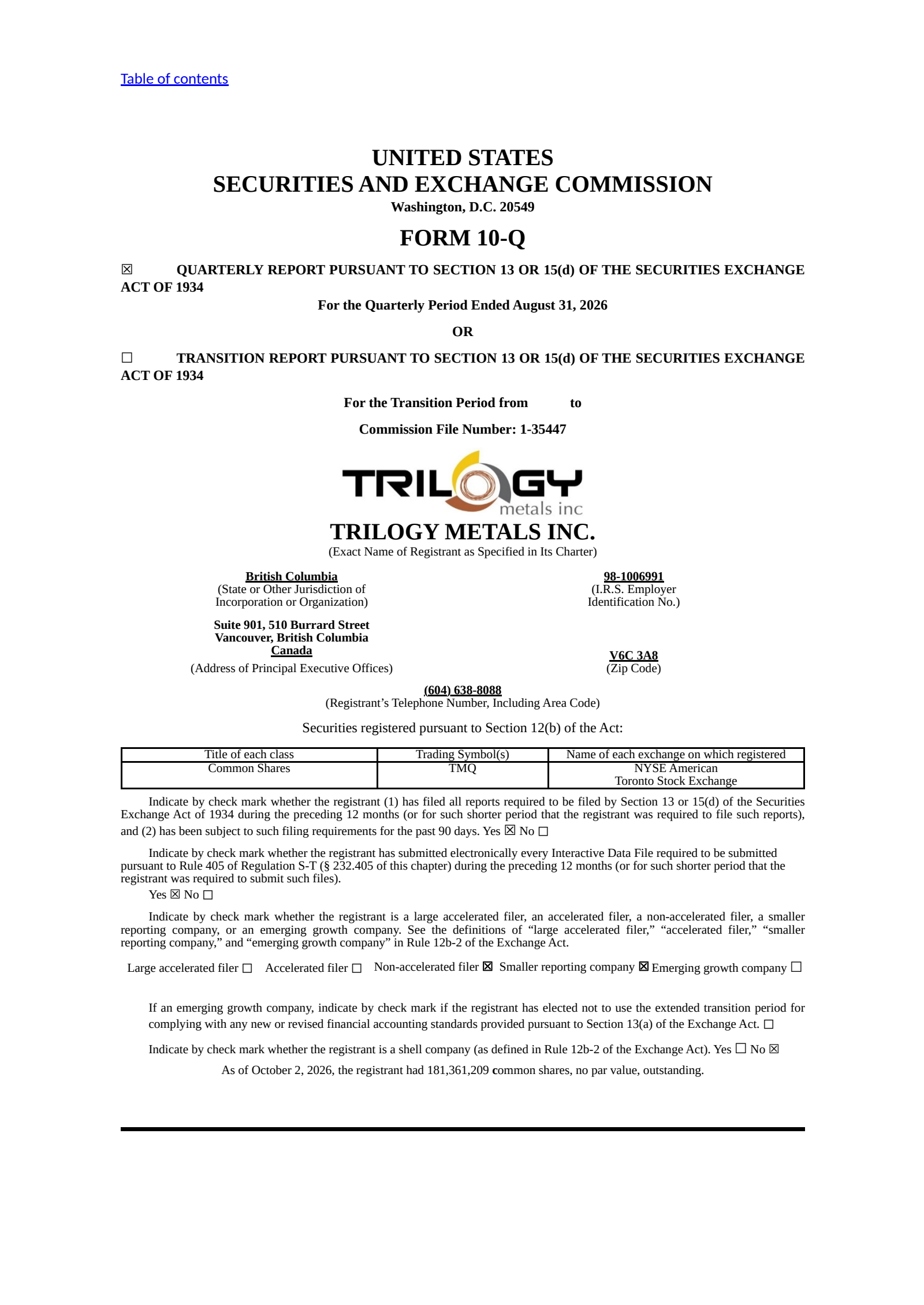 Trilogy Metals' Q3 2026 Quarterly report