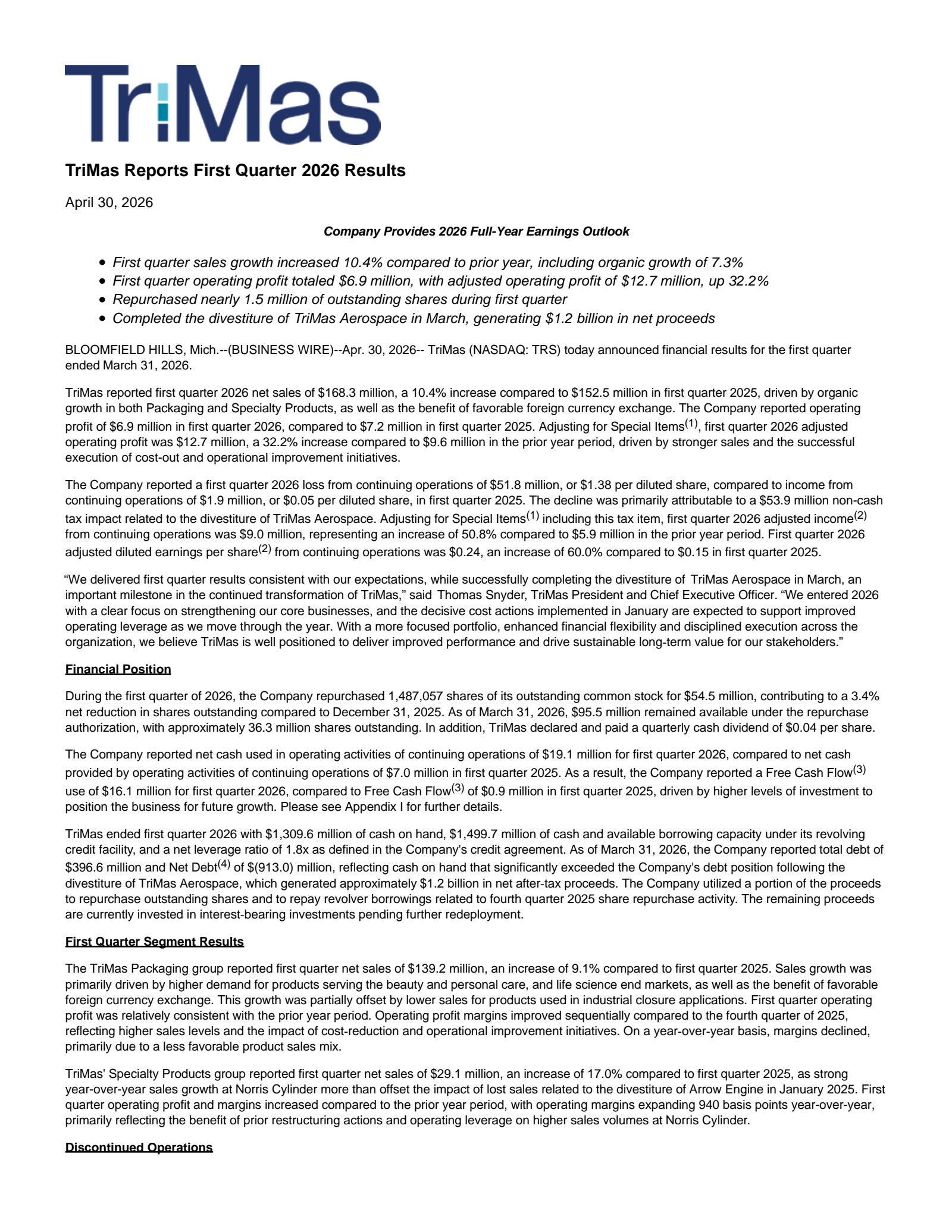 TriMas' Q1 2026 Press Release