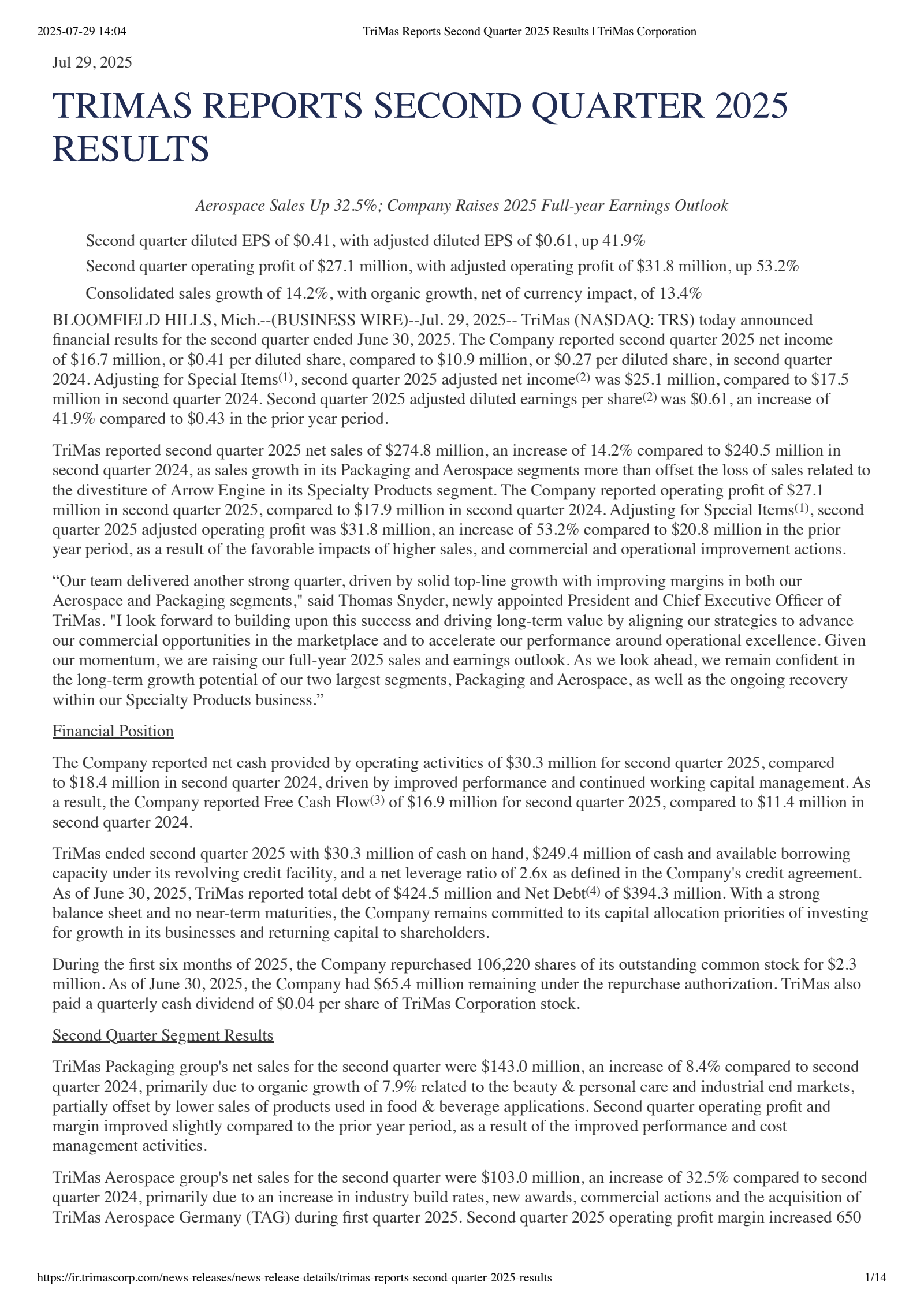 TriMas' Q2 2025 Press Release