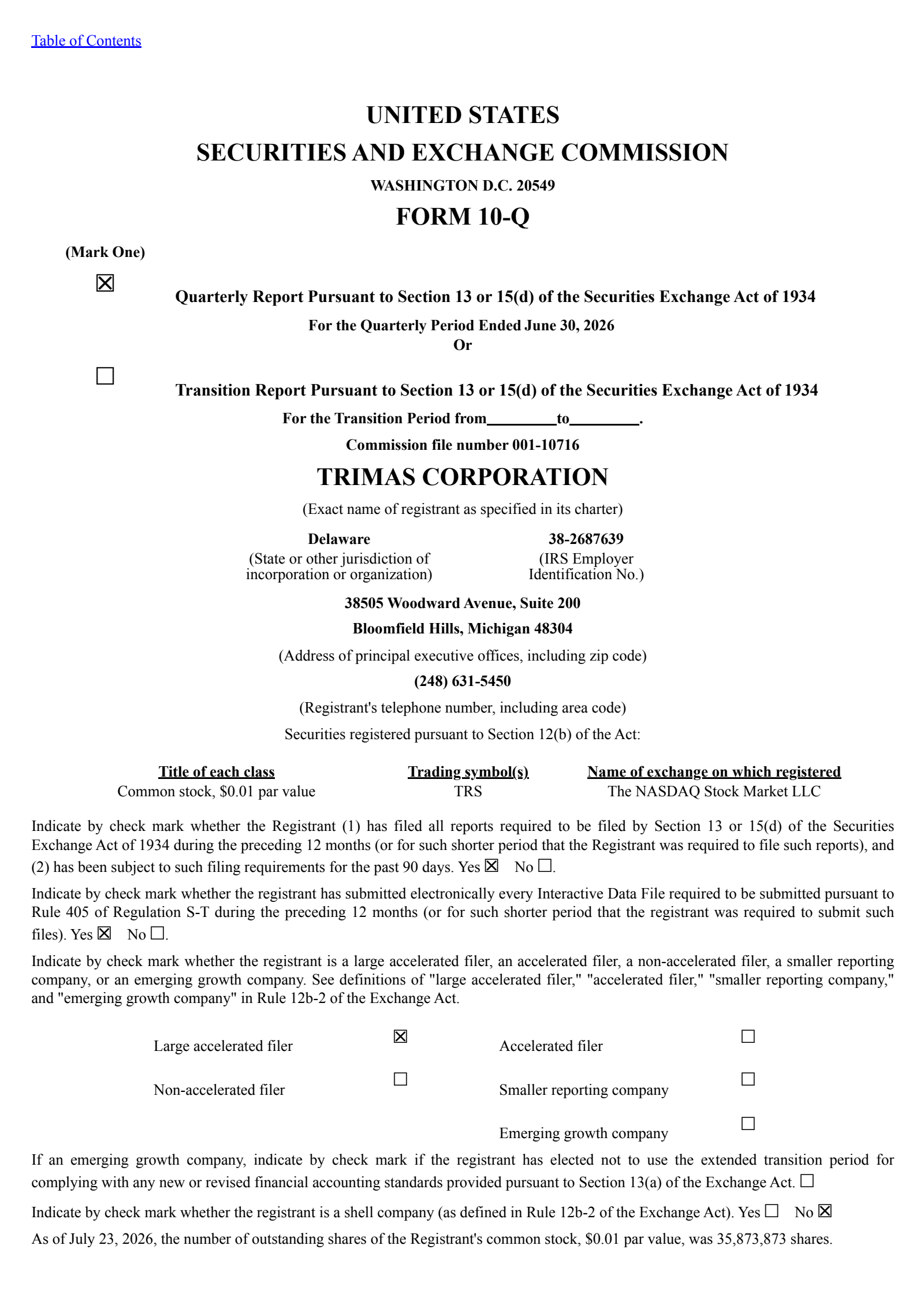 TriMas' Q2 2026 Quarterly report