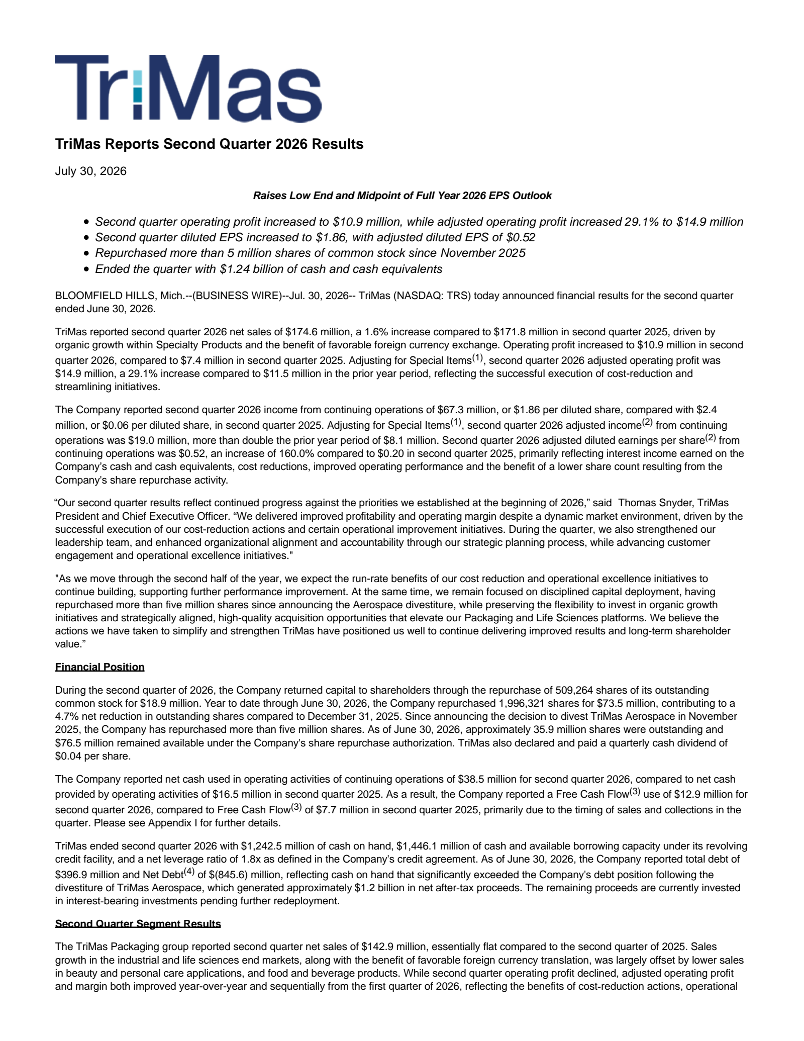 TriMas' Q2 2026 Press Release