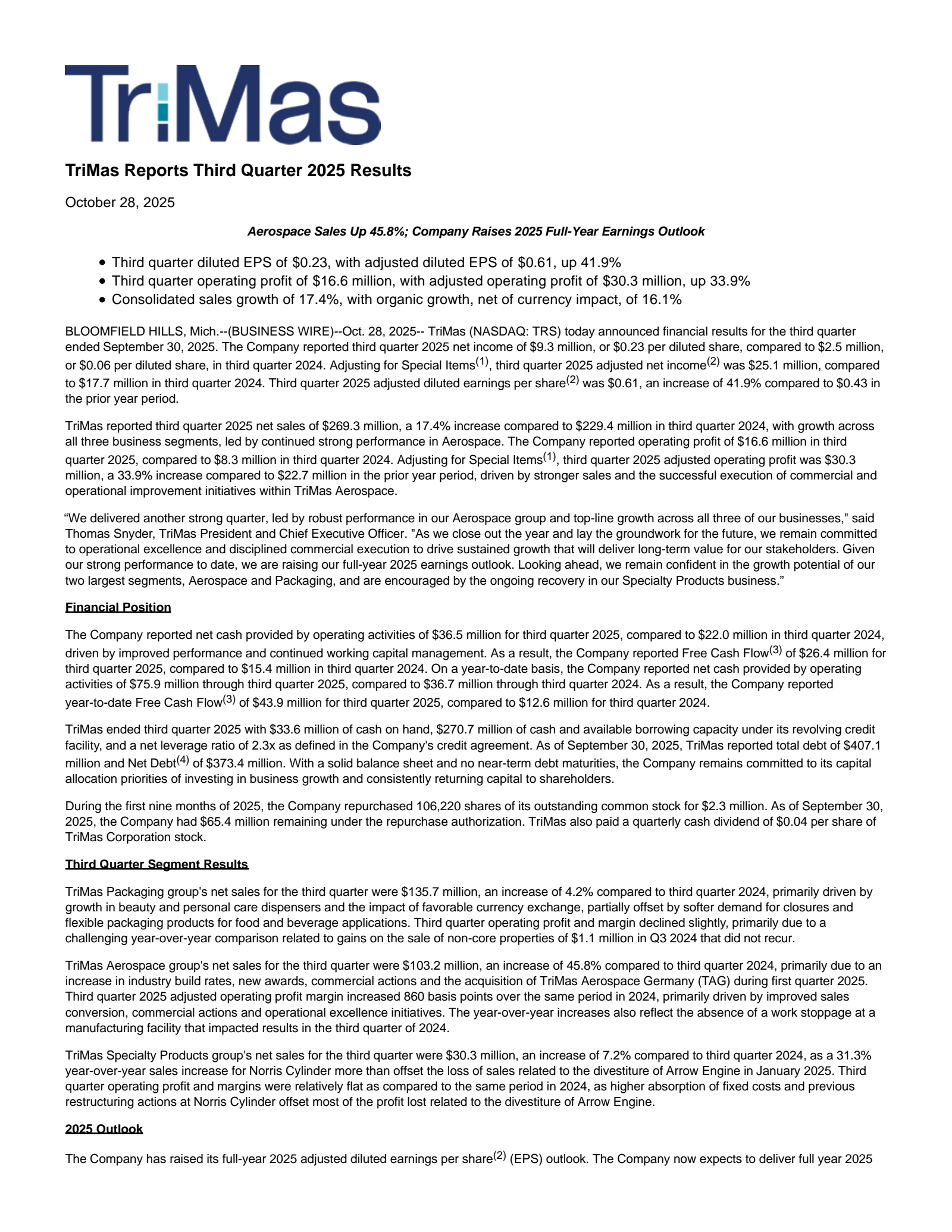 TriMas' Q3 2025 Earnings Release