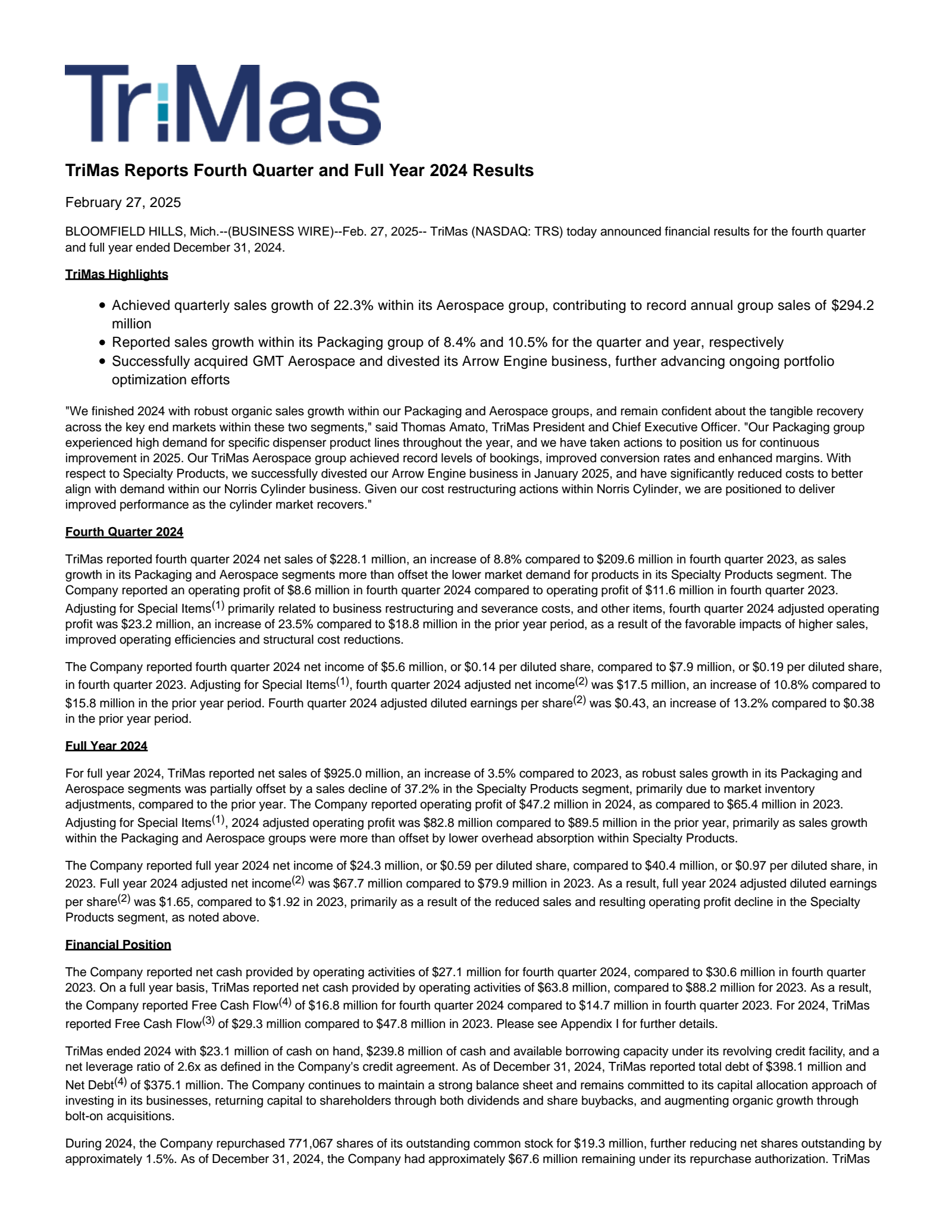 TriMas' Q4 2024 Press Release