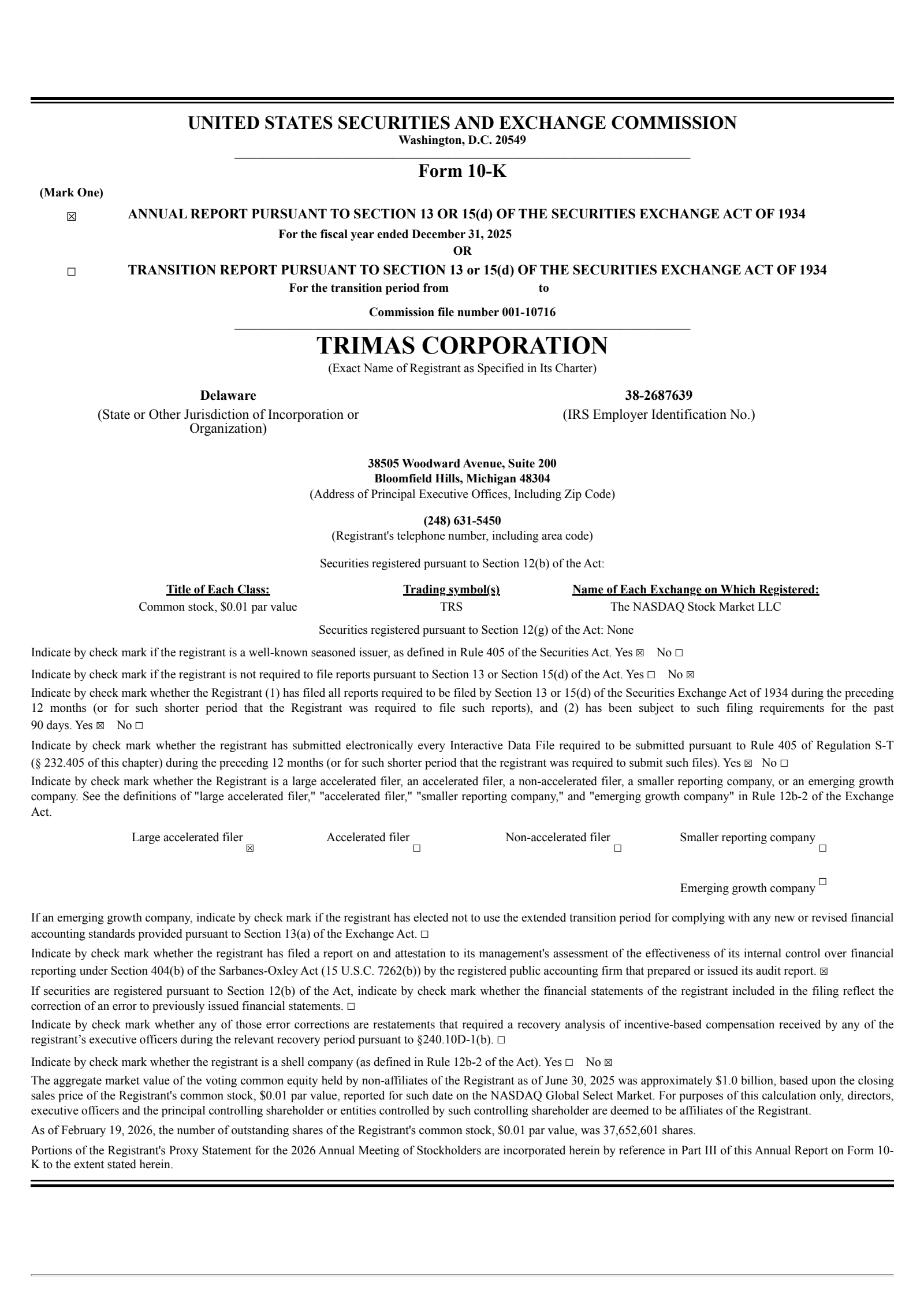 TriMas' Q4 2025 Annual report