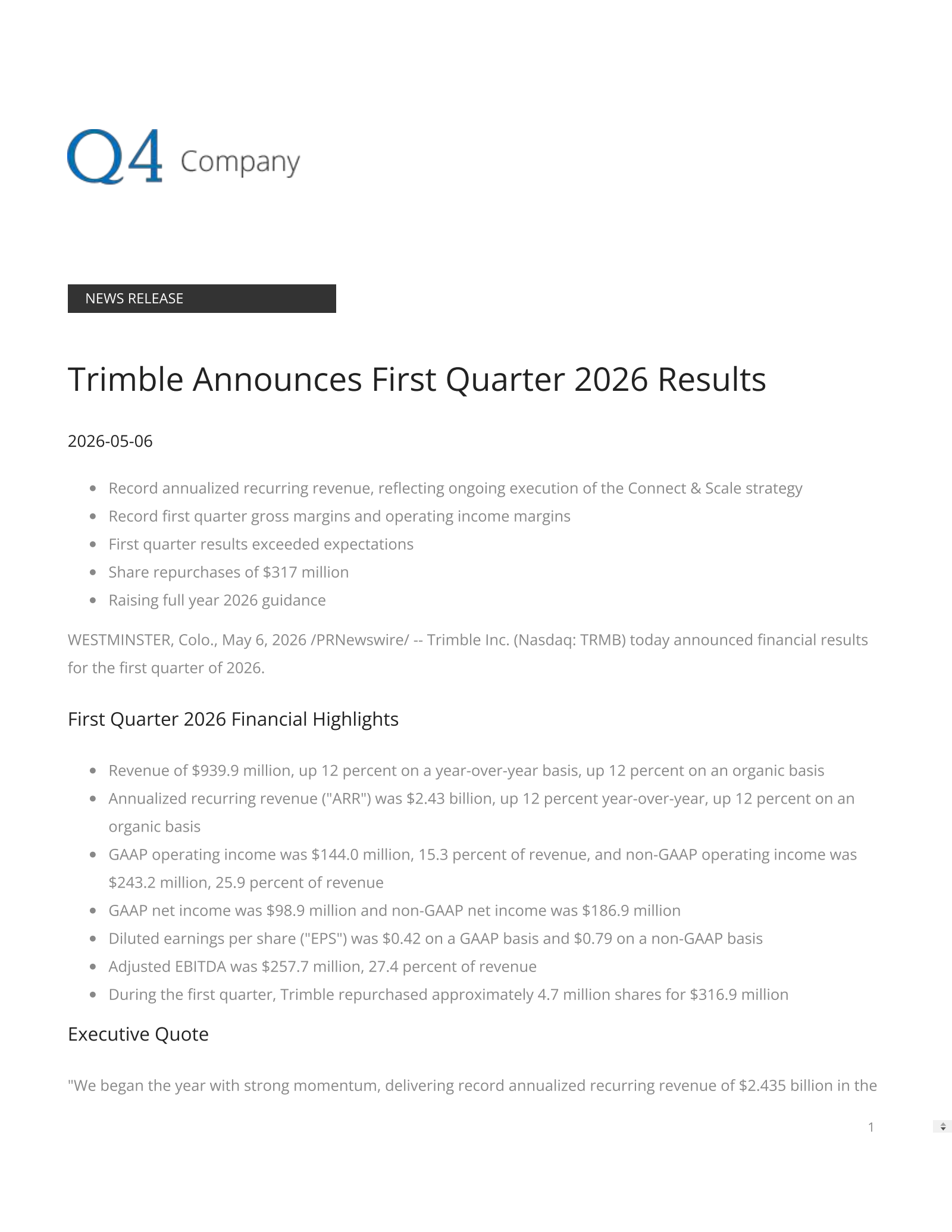Trimble's Q1 2026 Press Release
