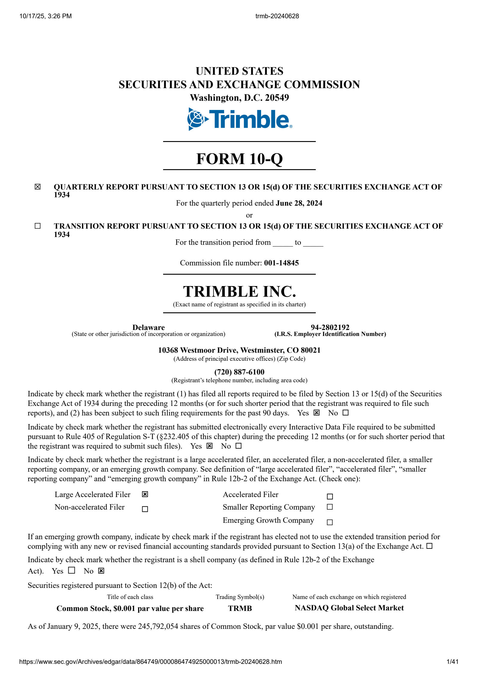 Trimble's Q2 2024 Quarterly Report