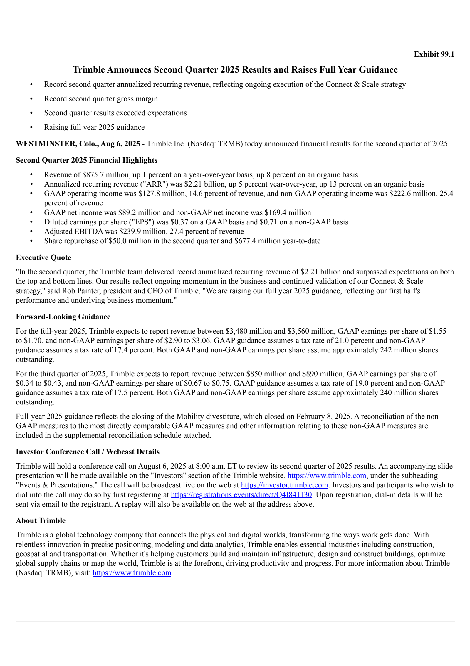 Trimble's Q2 2025 Press Release