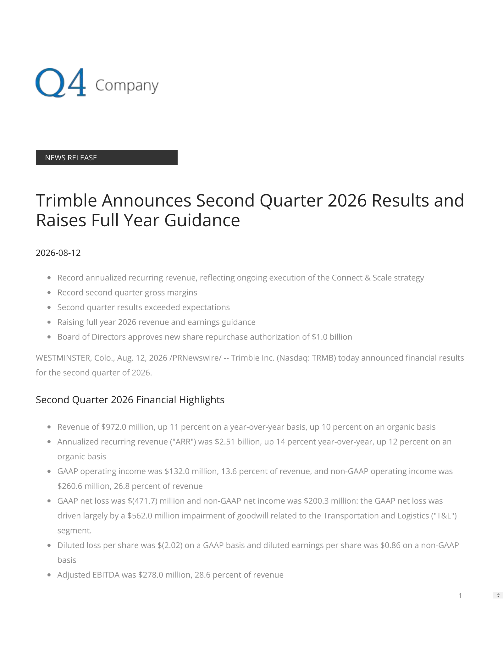 Trimble's Q2 2026 Press Release
