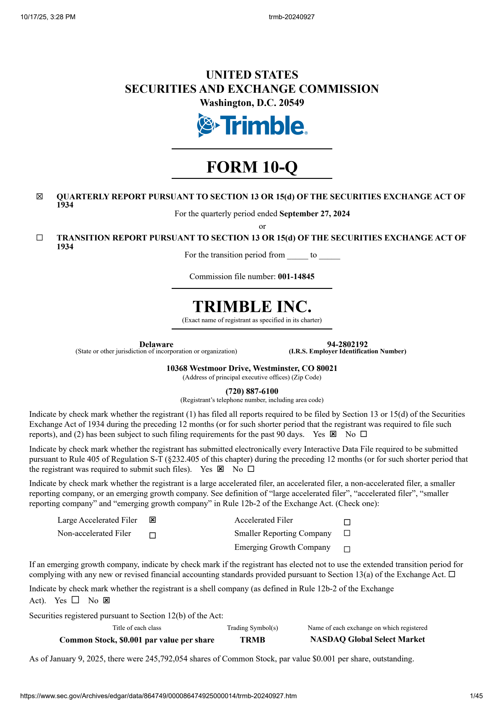 Trimble's Q3 2024 Quarterly Report