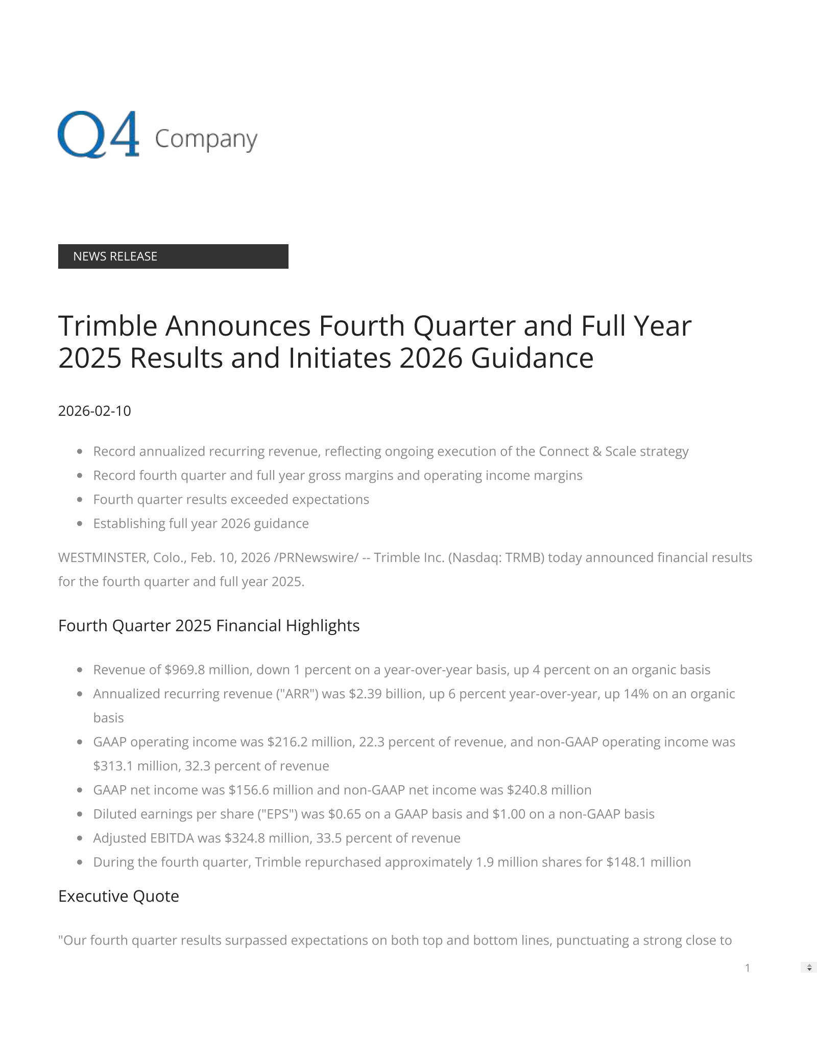 Trimble's Q4 2025 Press Release