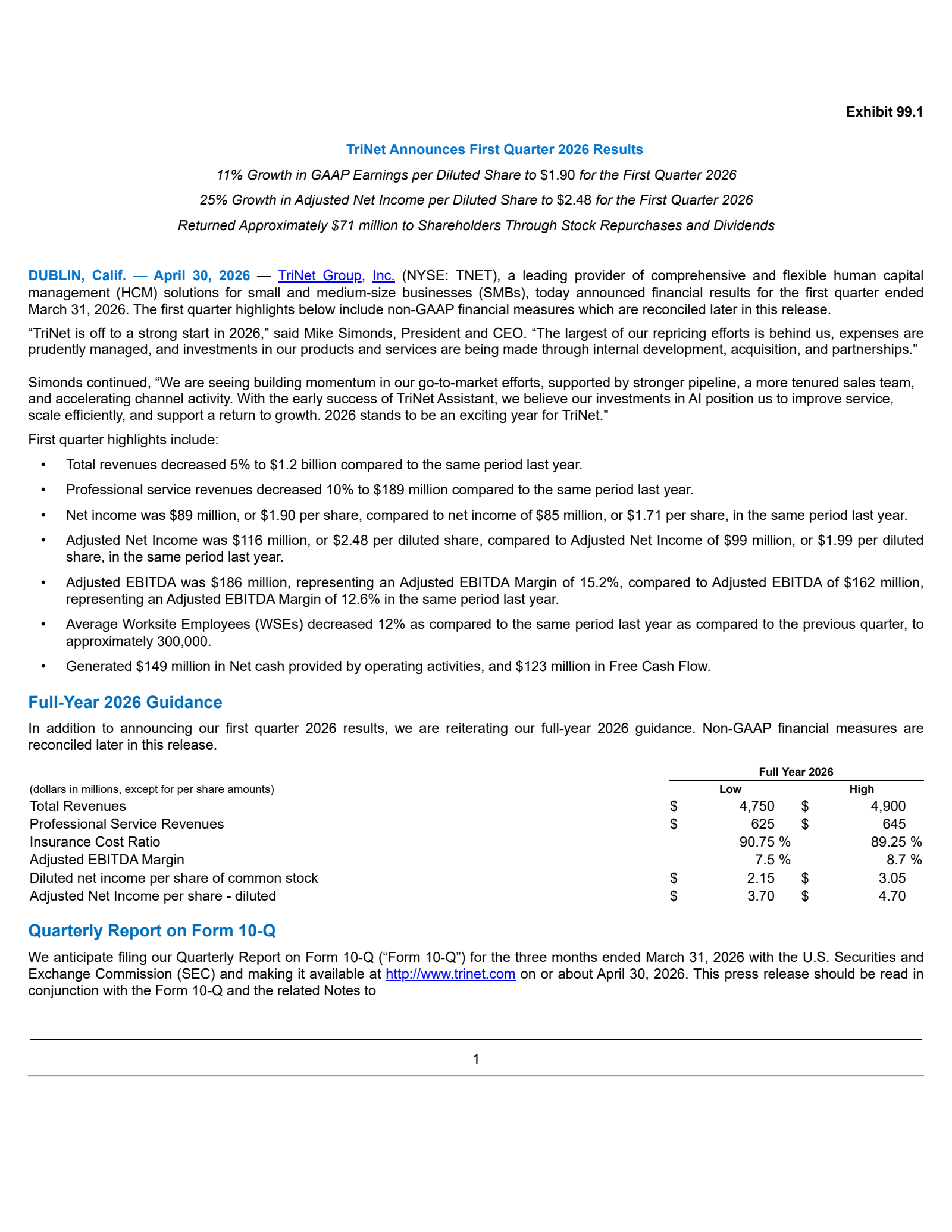 TriNet Group's Q1 2026 Press Release