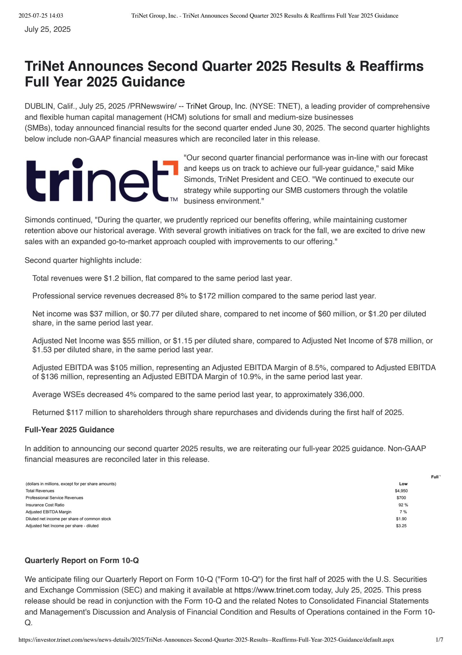 TriNet Group's Q2 2025 Press Release