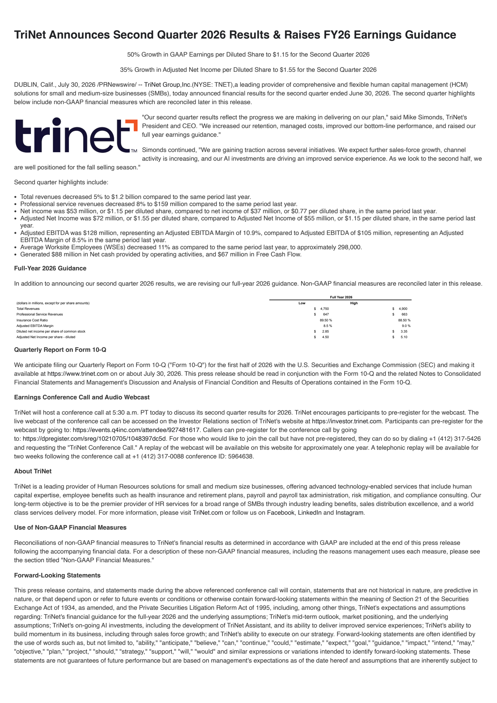 TriNet Group's Q2 2026 Press Release