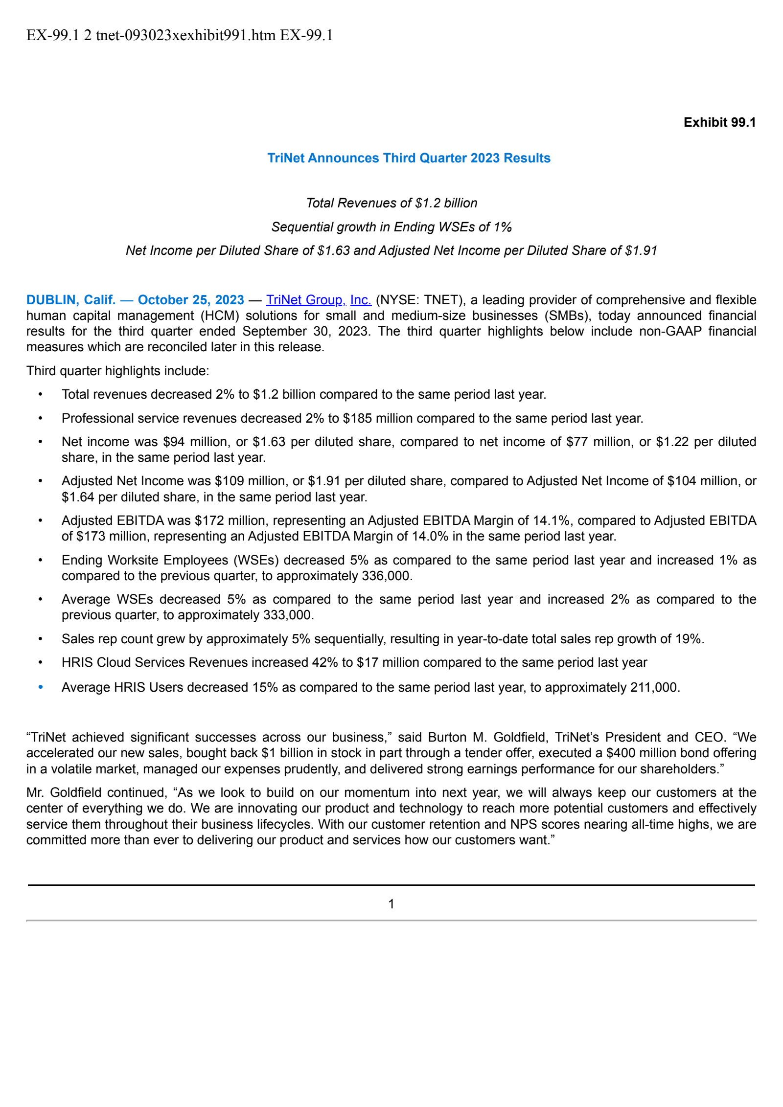 TriNet Group's Q3 2023 Press Release