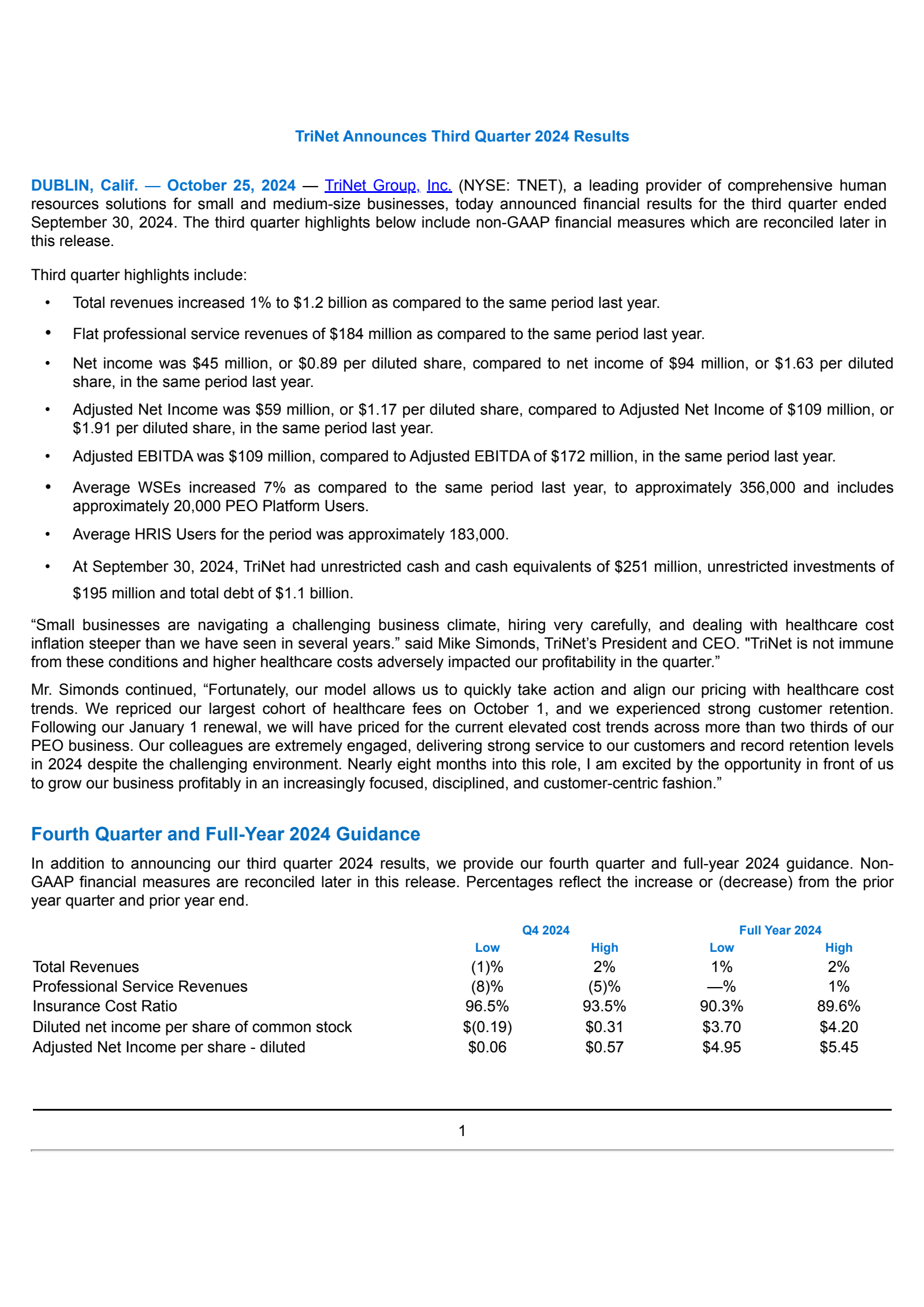 TriNet Group's Q3 2024 Press Release