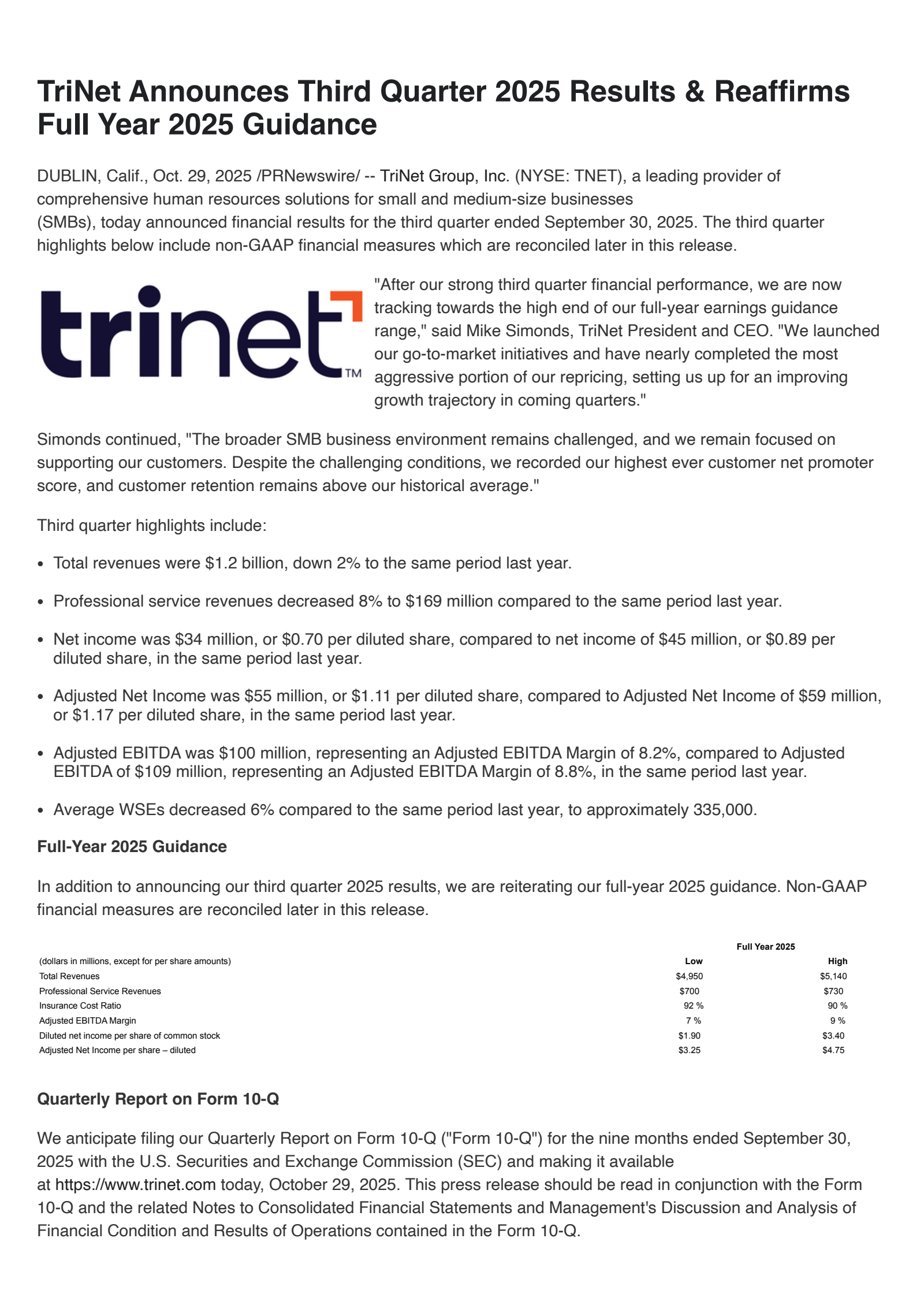 TriNet Group's Q3 2025 Earnings Release