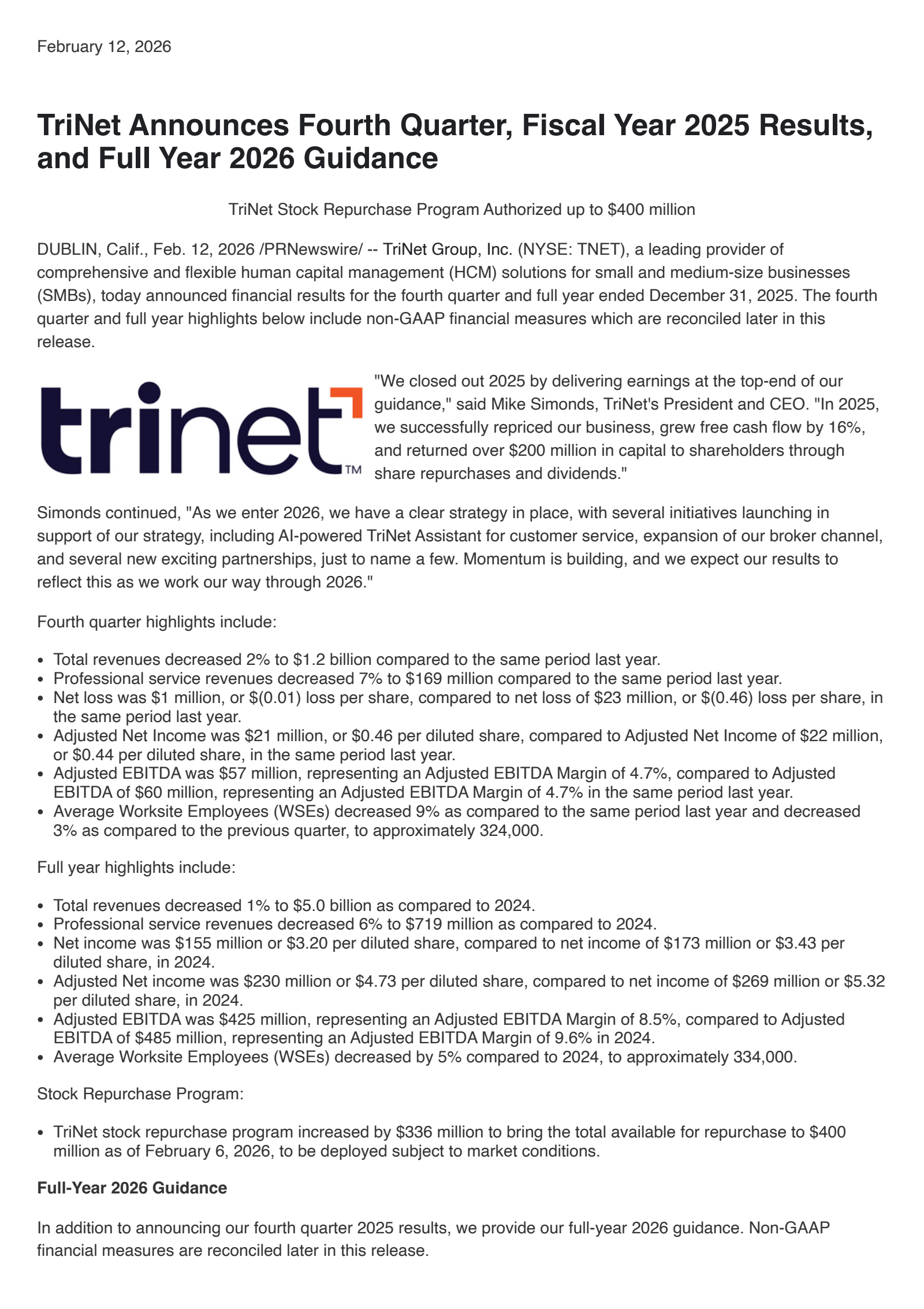 TriNet Group's Q4 2025 Press Release