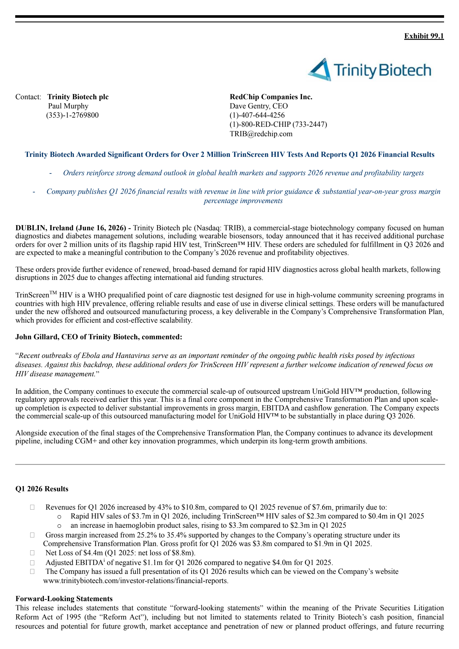 Trinity Biotech's Q1 2026 Press Release