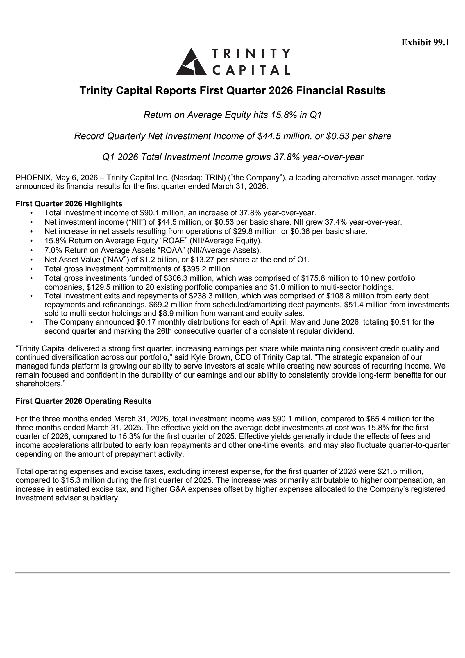 Trinity Capital's Q1 2026 Press Release