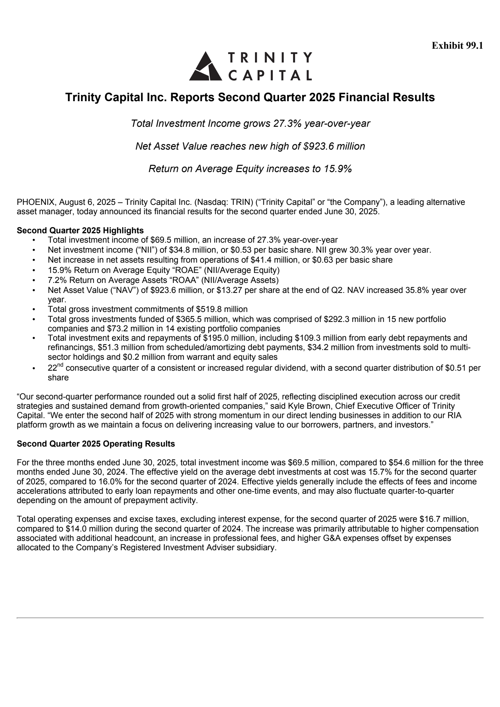 Trinity Capital's Q2 2025 Press Release