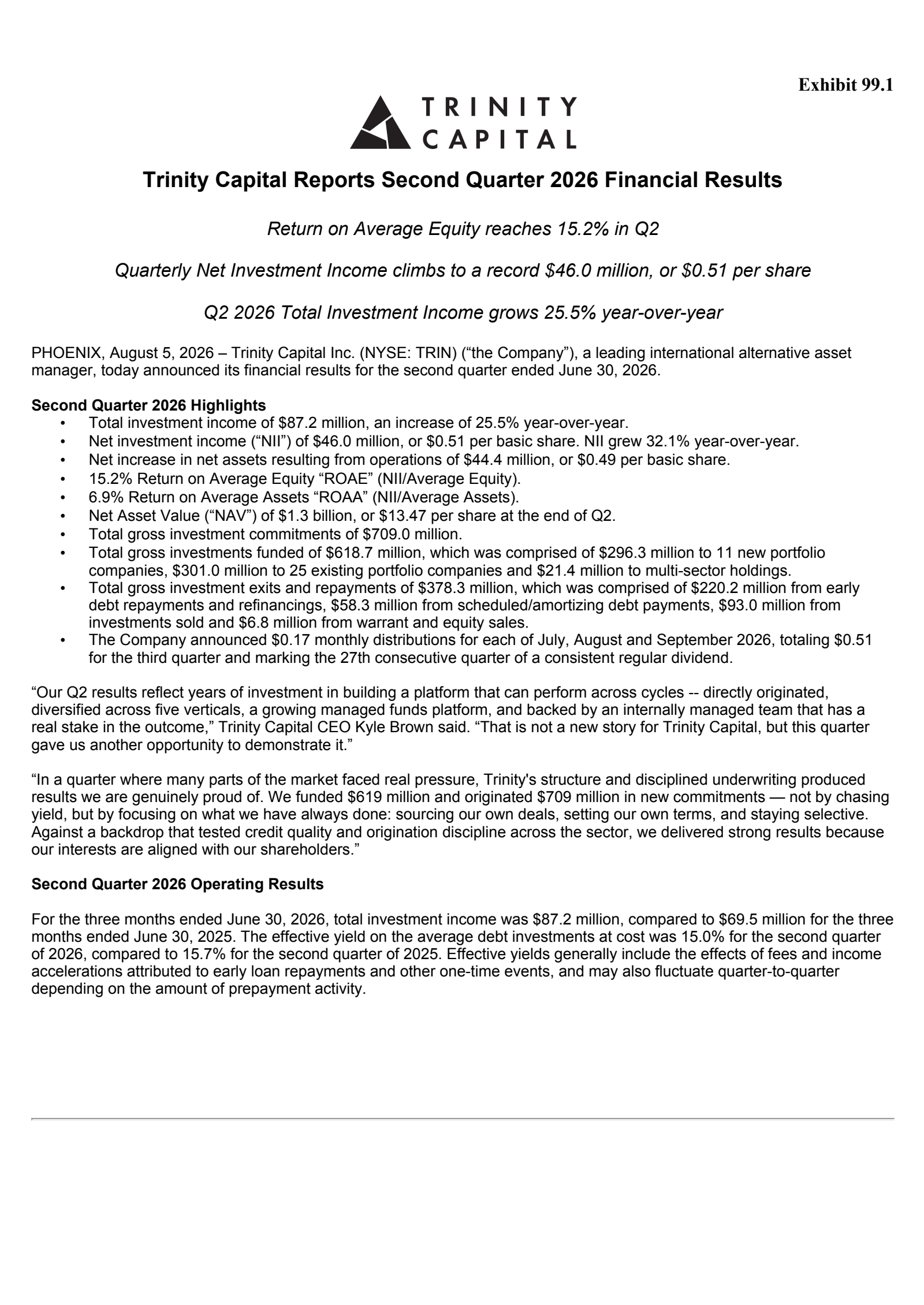 Trinity Capital's Q2 2026 Press Release