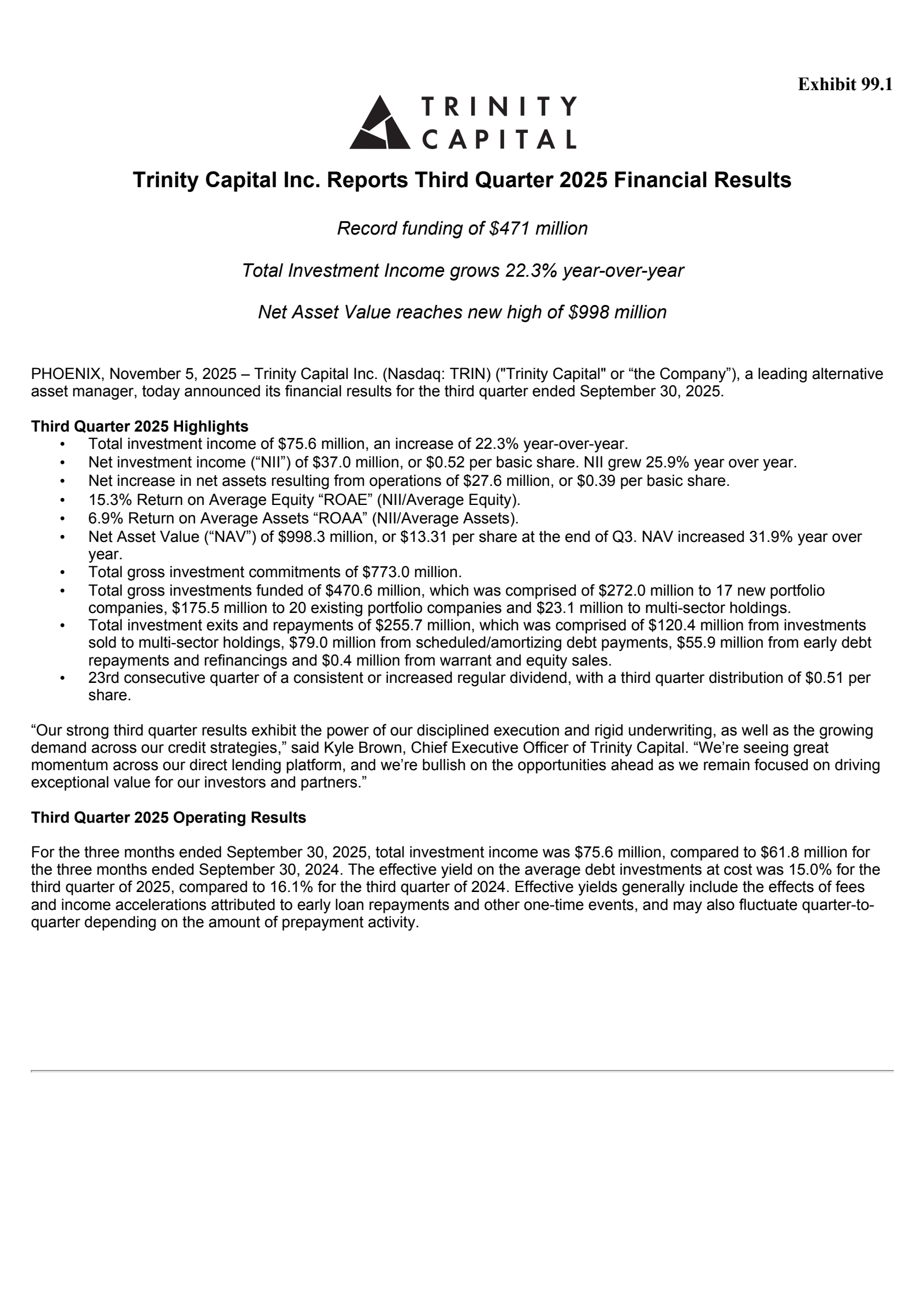 Trinity Capital's Q3 2025 Earnings Release