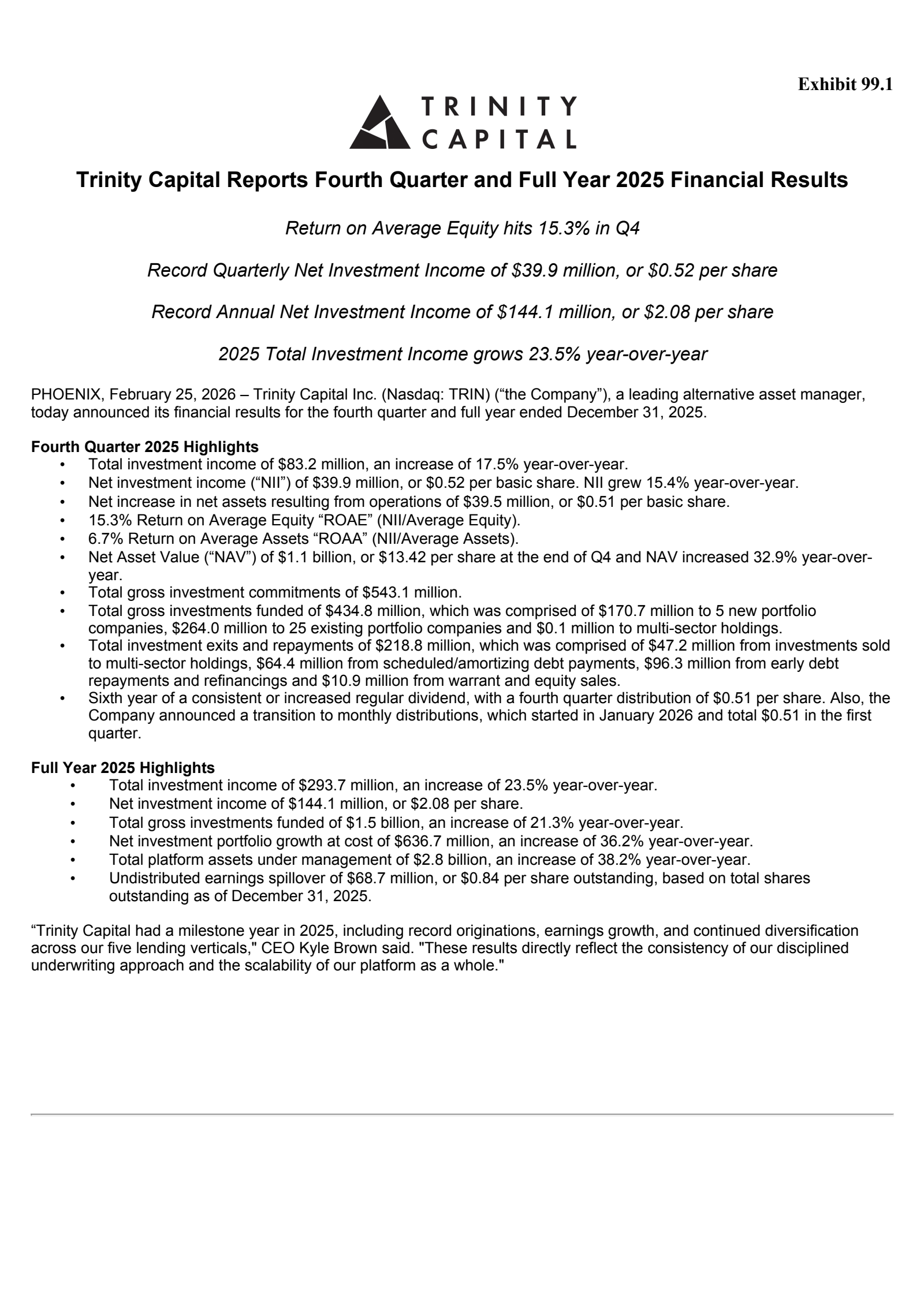 Trinity Capital's Q4 2025 Press Release