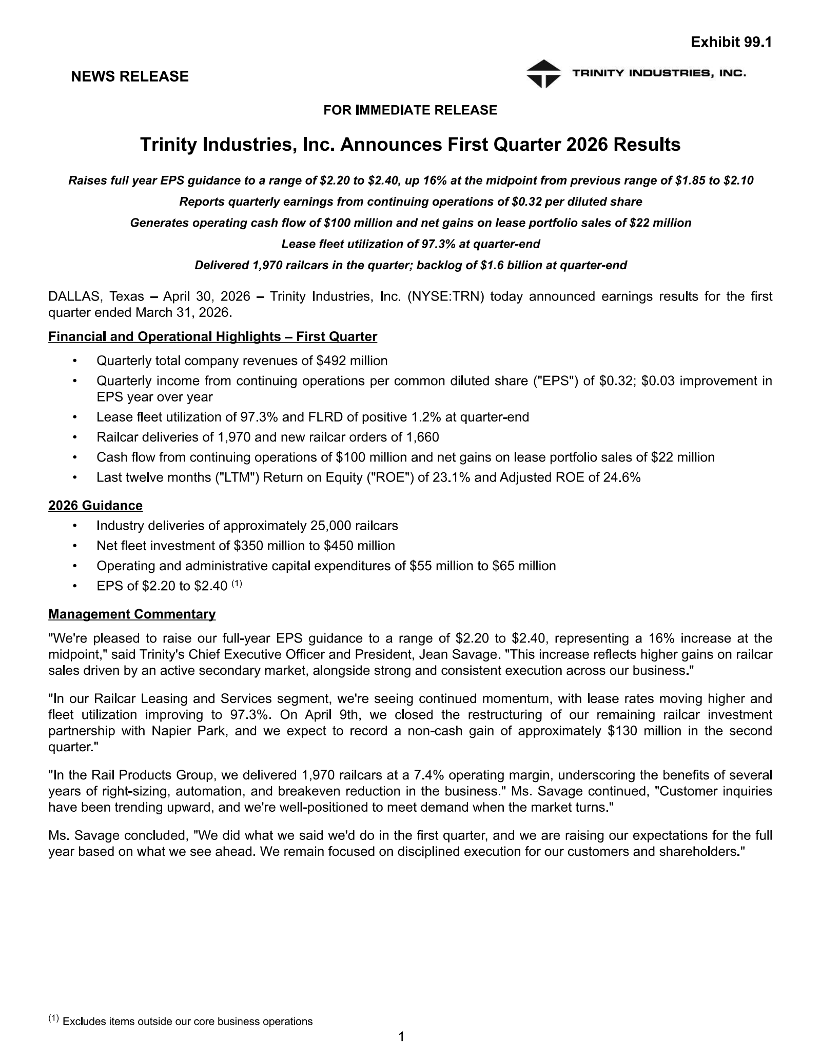 Trinity Industries' Q1 2026 Press Release