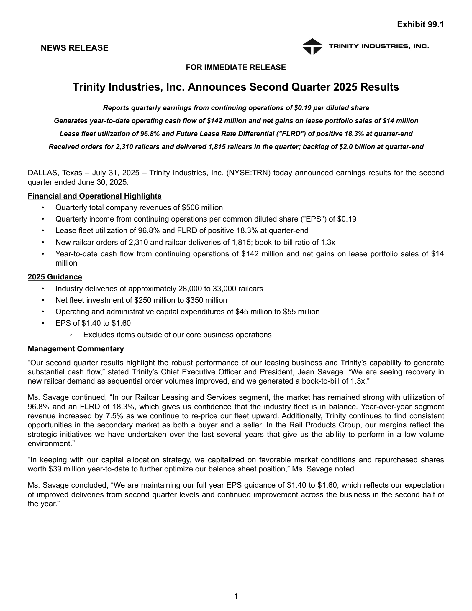 Trinity Industries' Q2 2025 Press Release