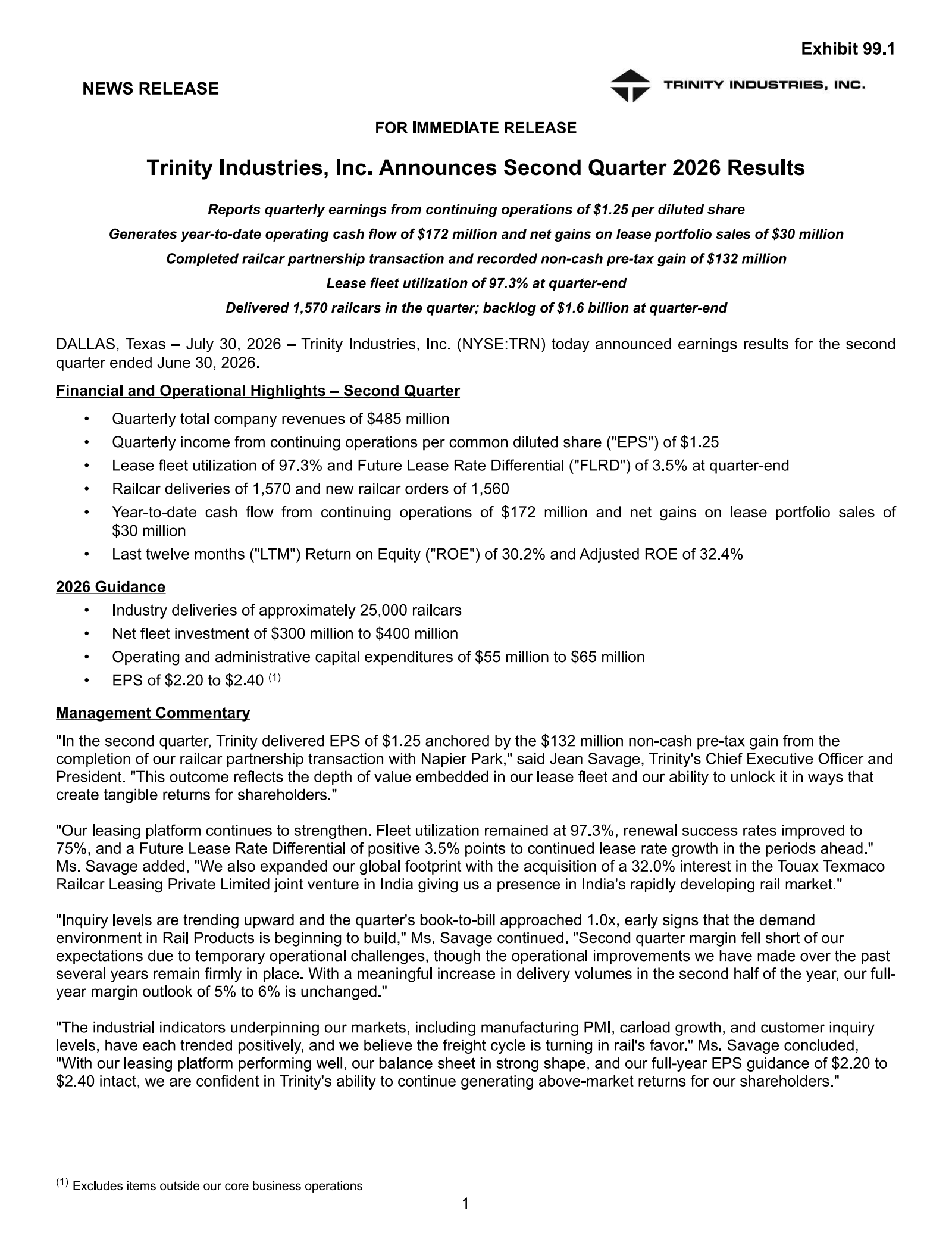 Trinity Industries' Q2 2026 Press Release
