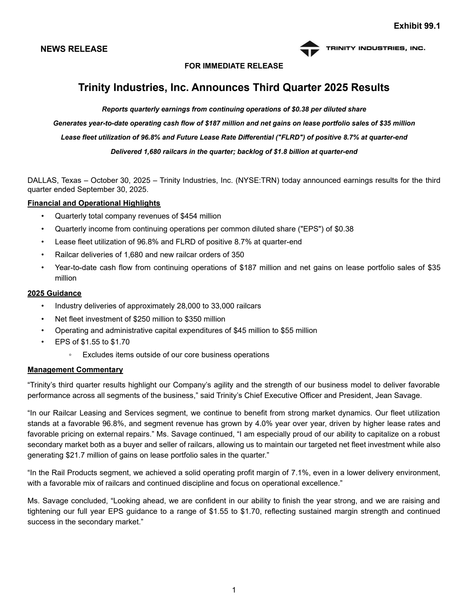 Trinity Industries' Q3 2025 Earnings Release