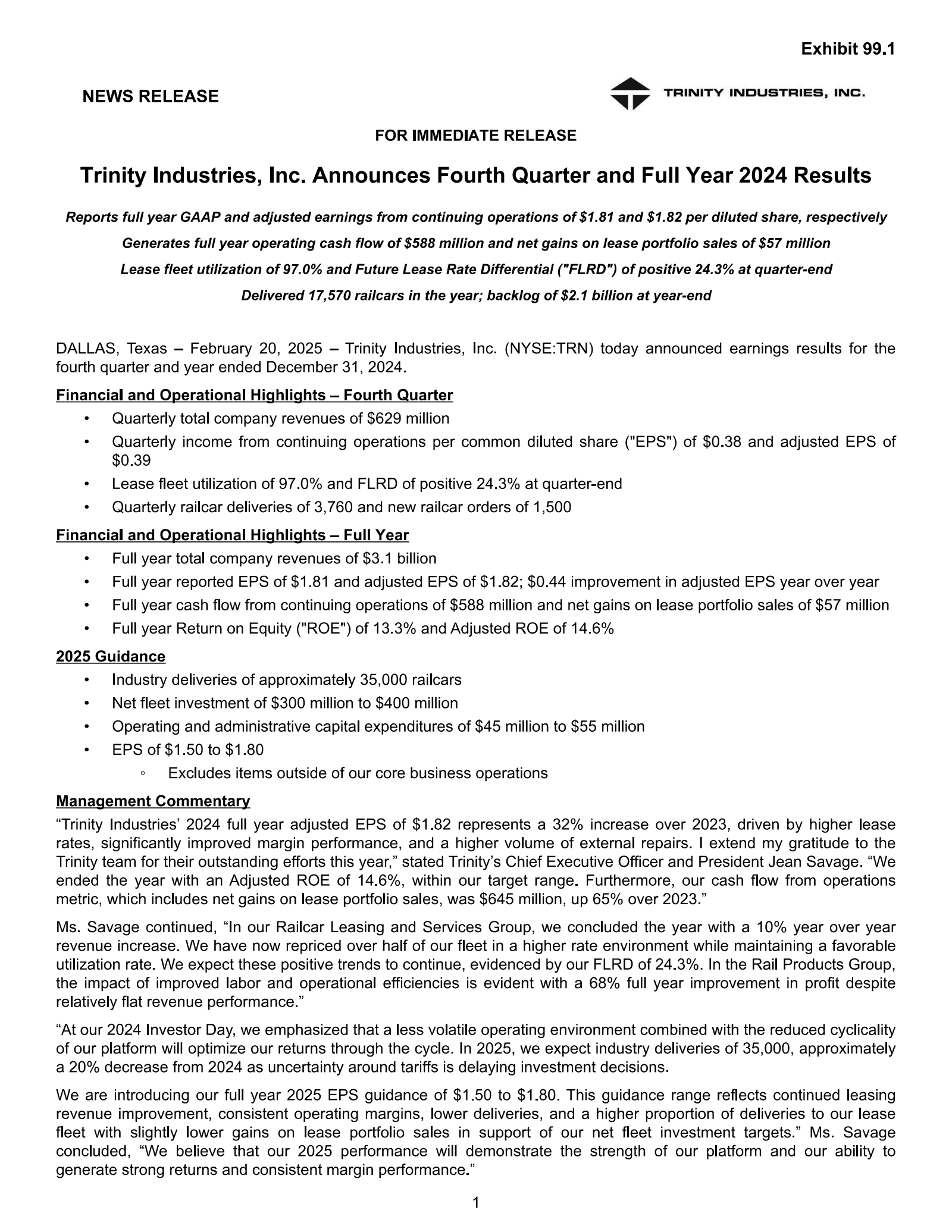 Trinity Industries' Q4 2024 Report