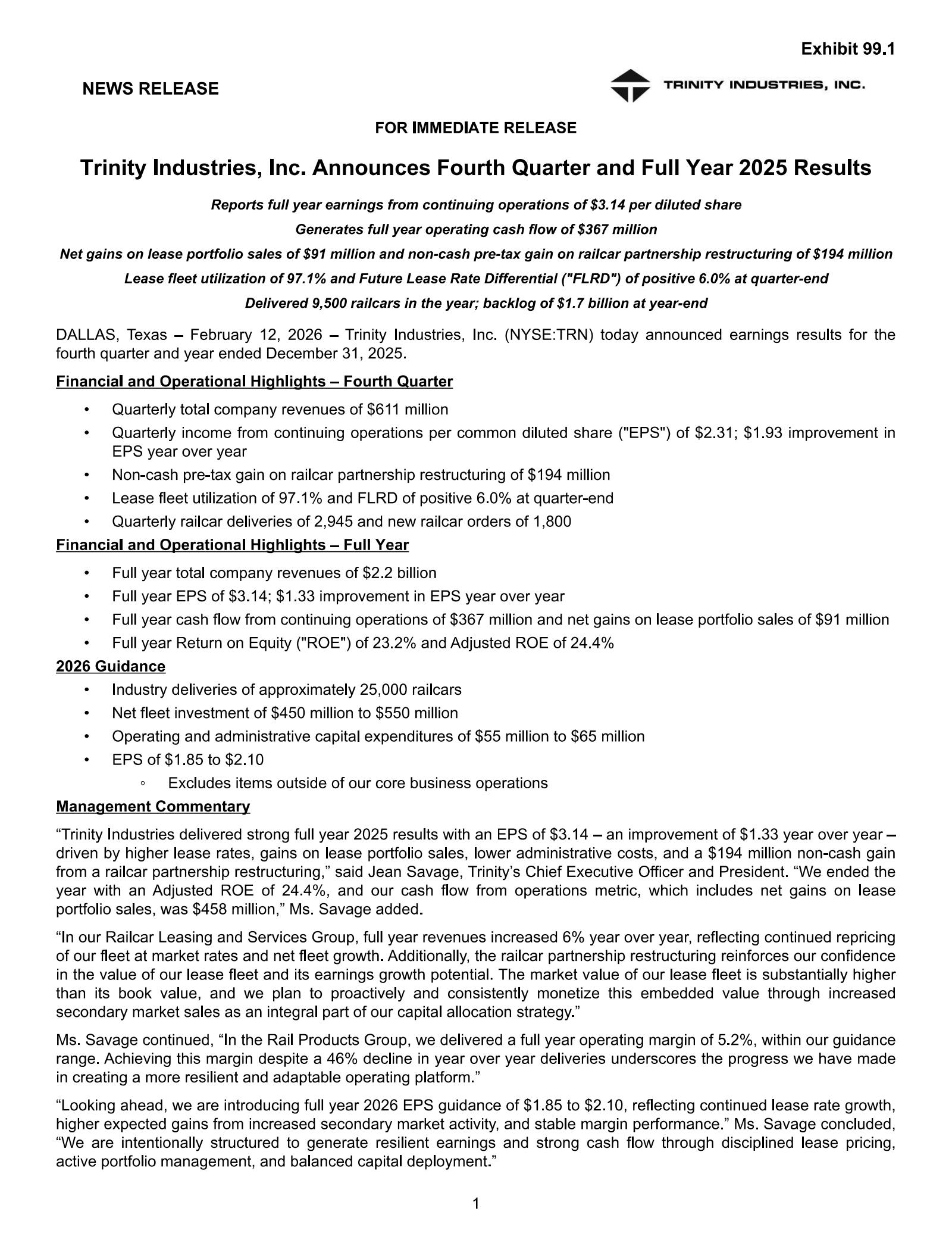 Trinity Industries' Q4 2025 Press Release