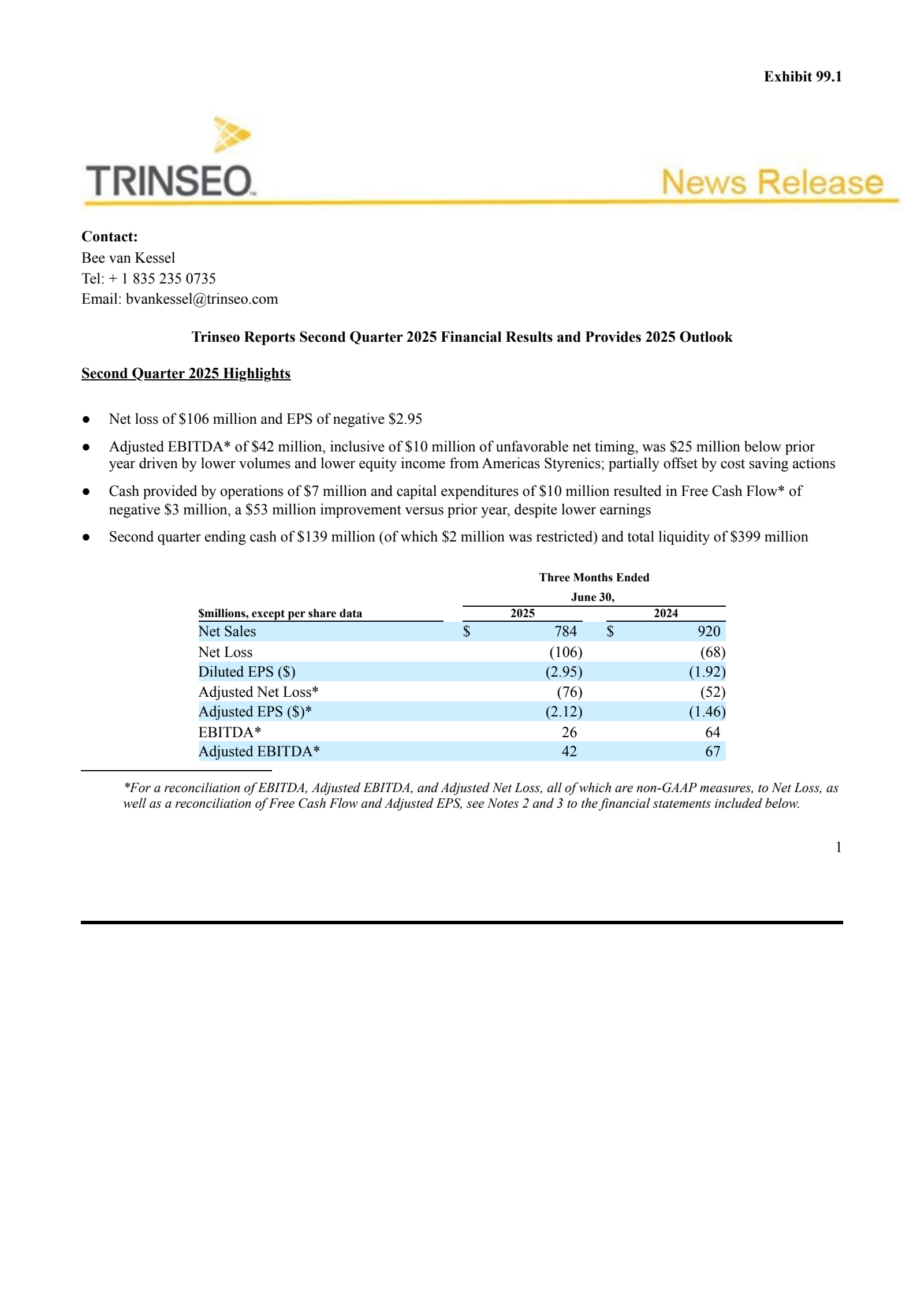Trinseo's Q2 2025 Press Release