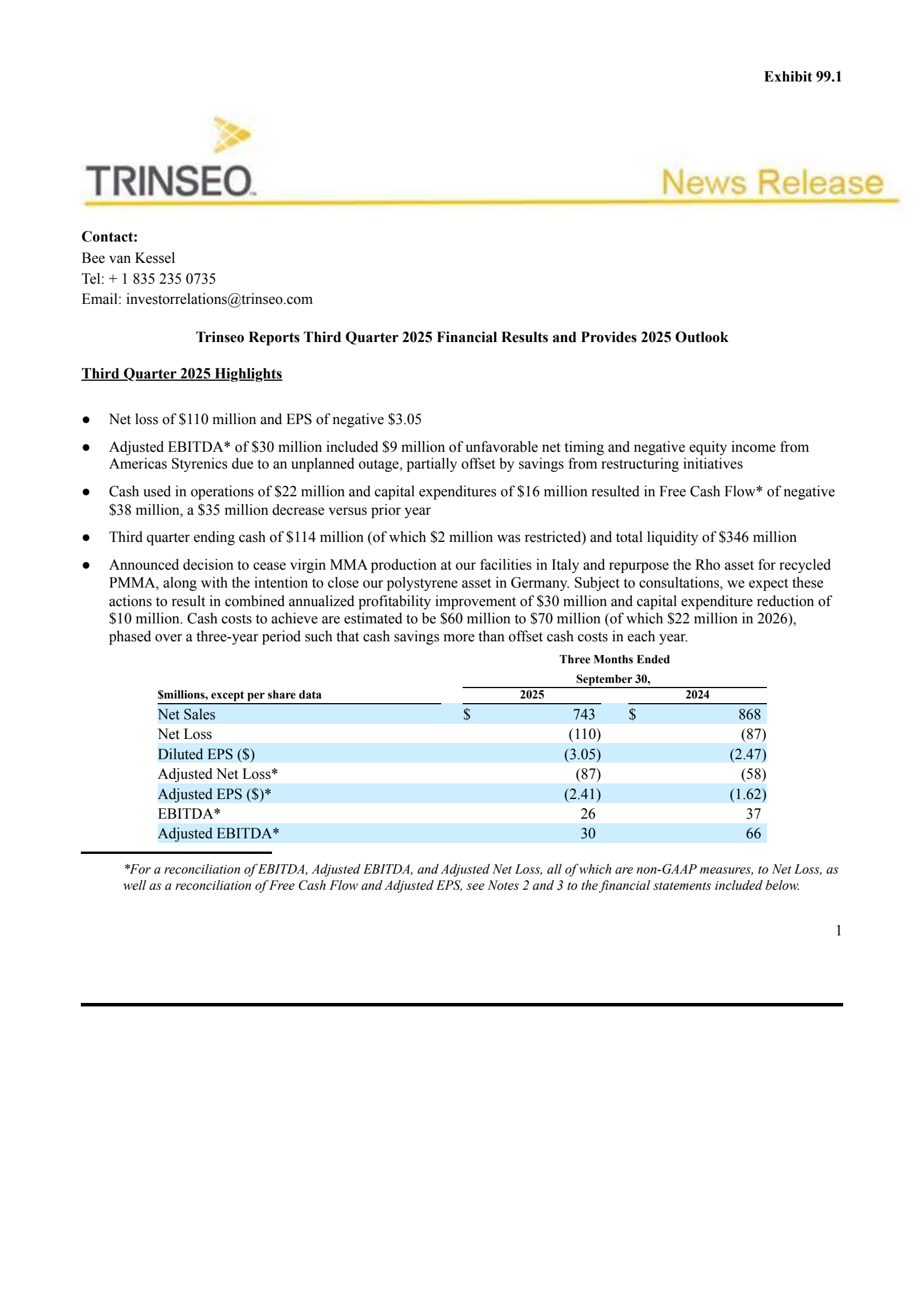 Trinseo's Q3 2025 Earnings Release