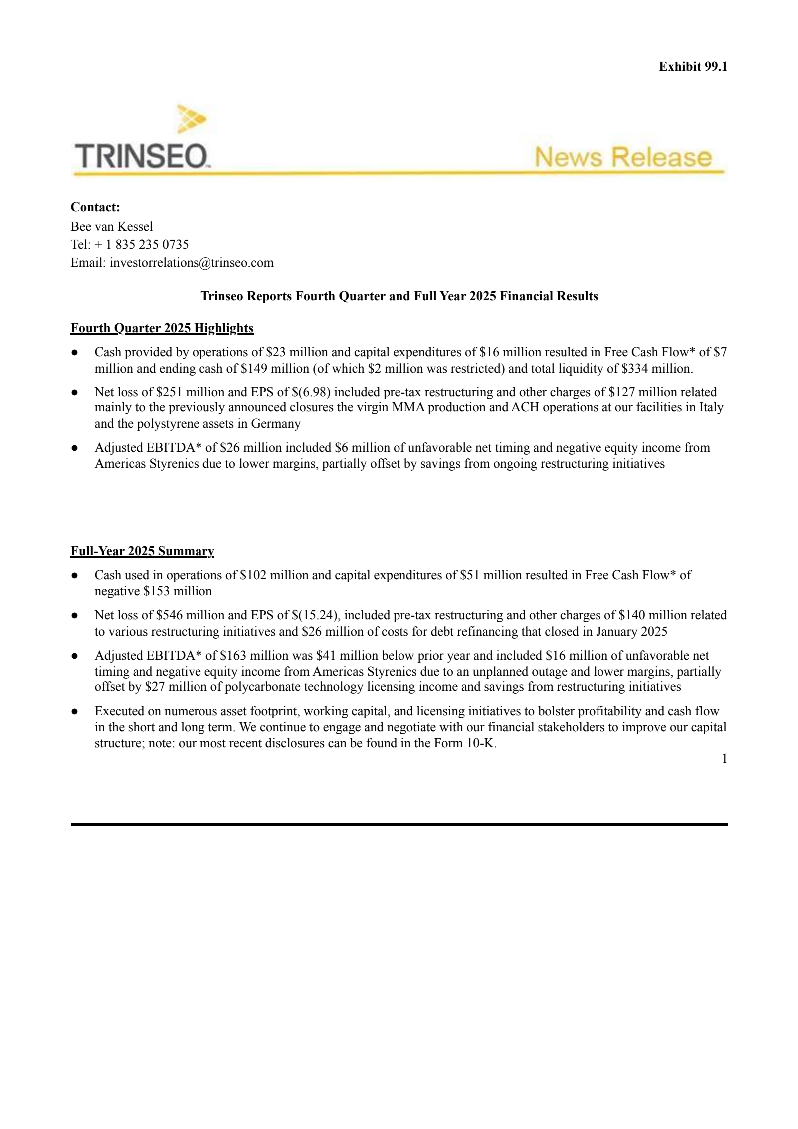 Trinseo's Q4 2025 Press Release